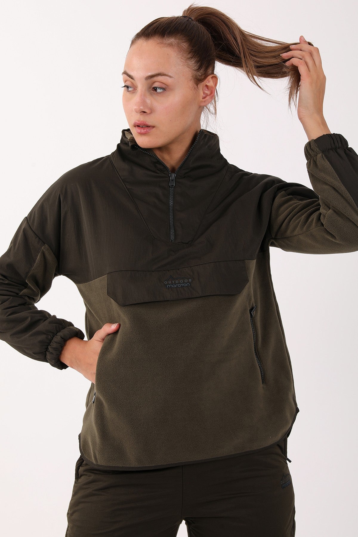 Comfort Kadın Dik Yaka Haki Sweatshirt