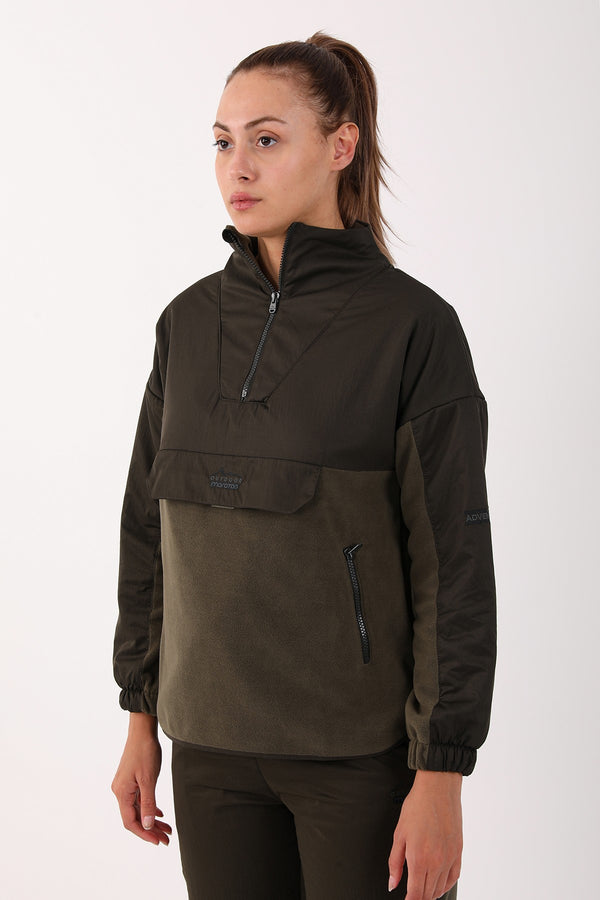 Comfort Kadın Dik Yaka Haki Sweatshirt