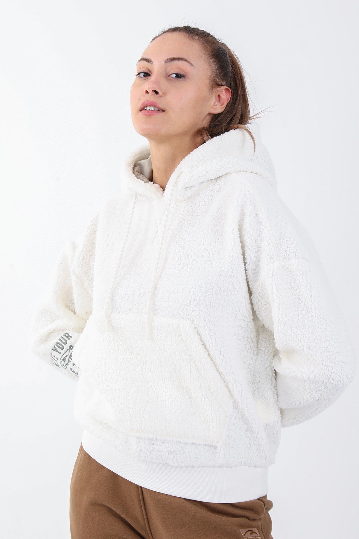 Comfort Kadın Kapüşonlu Ekru Sweatshirt