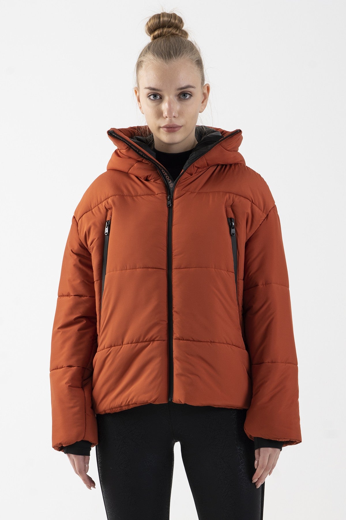 Oversize Kadın Kapüşonlu Kiremit Mont