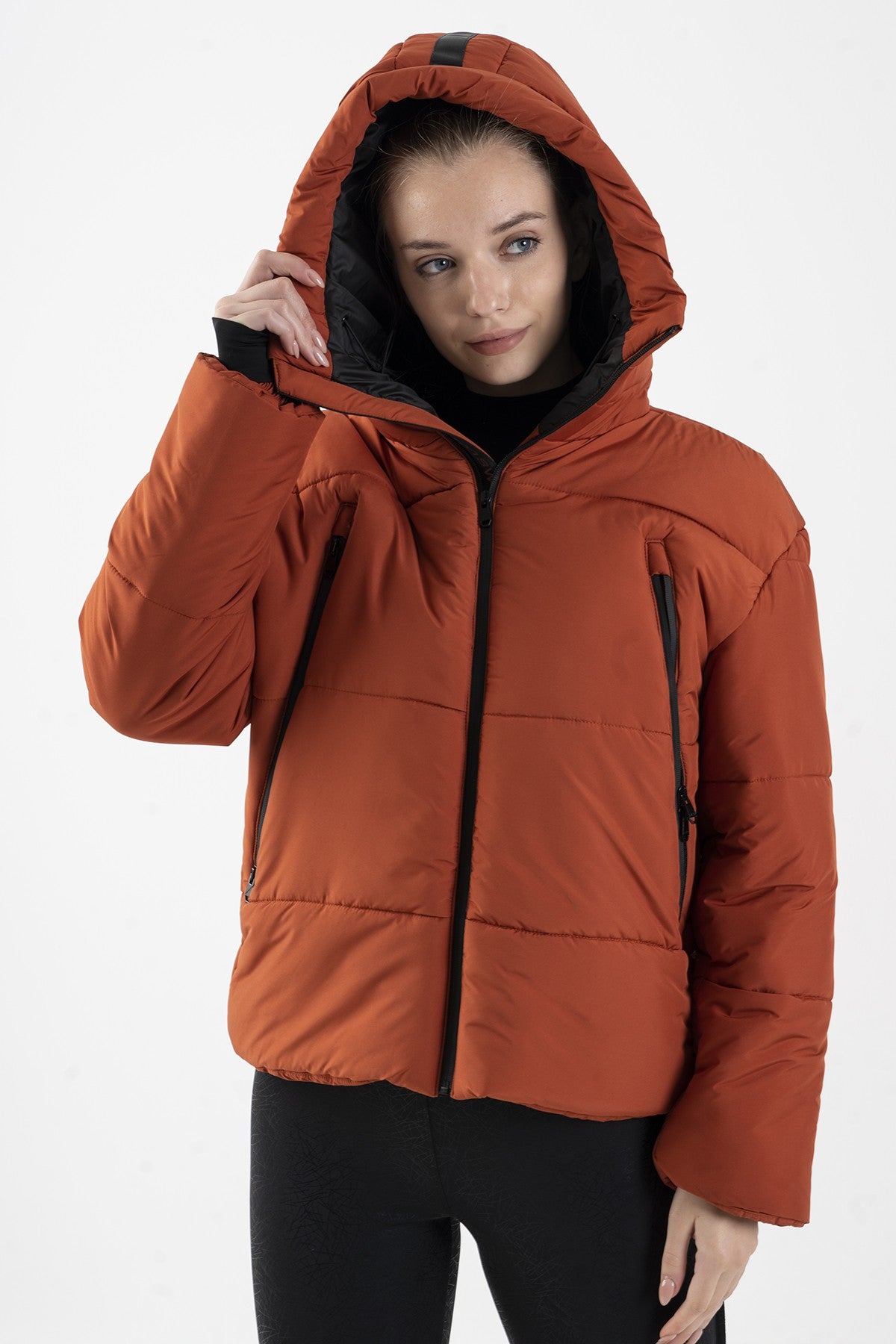 Oversize Kadın Kapüşonlu Kiremit Mont