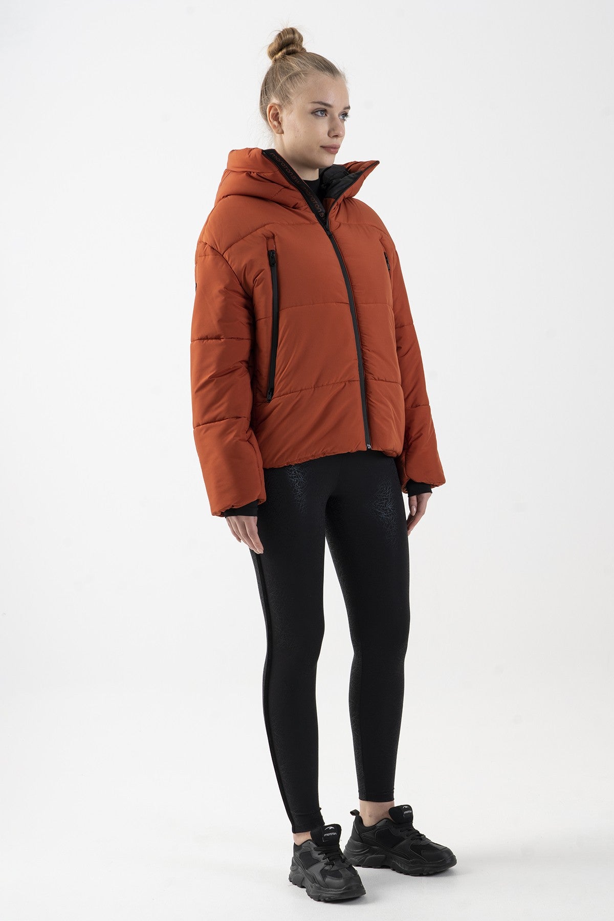 Oversize Kadın Kapüşonlu Kiremit Mont