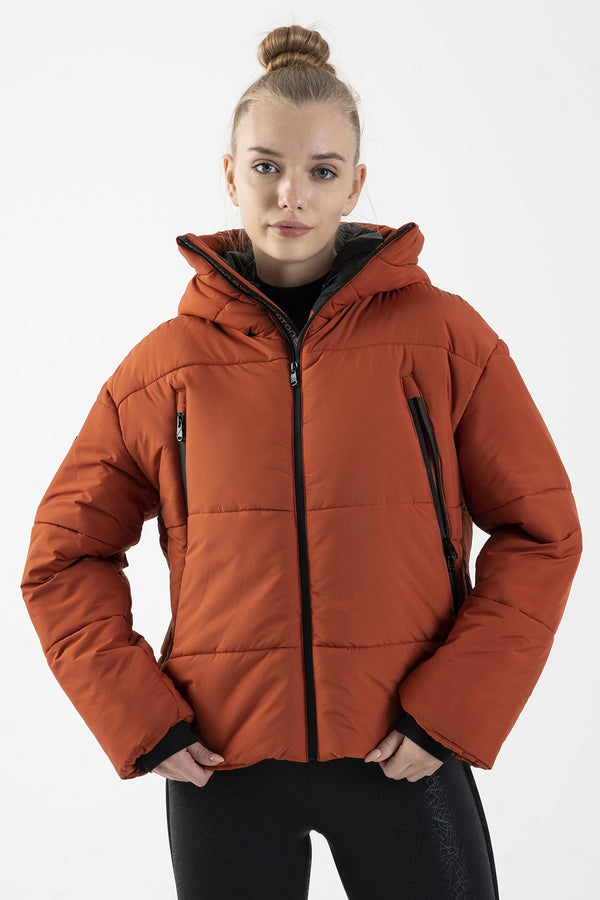 Oversize Kadın Kapüşonlu Kiremit Mont