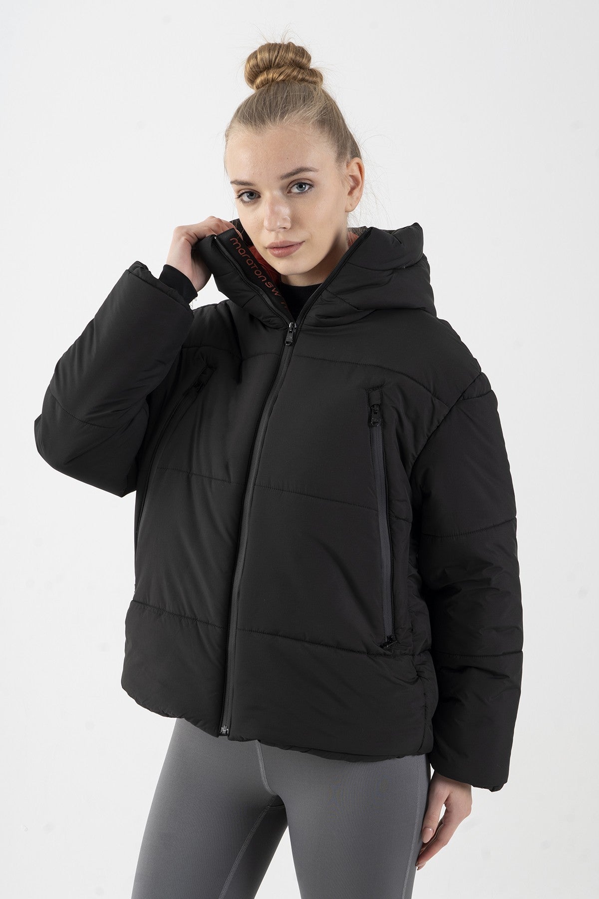 Oversize Kadın Kapüşonlu Siyah Mont