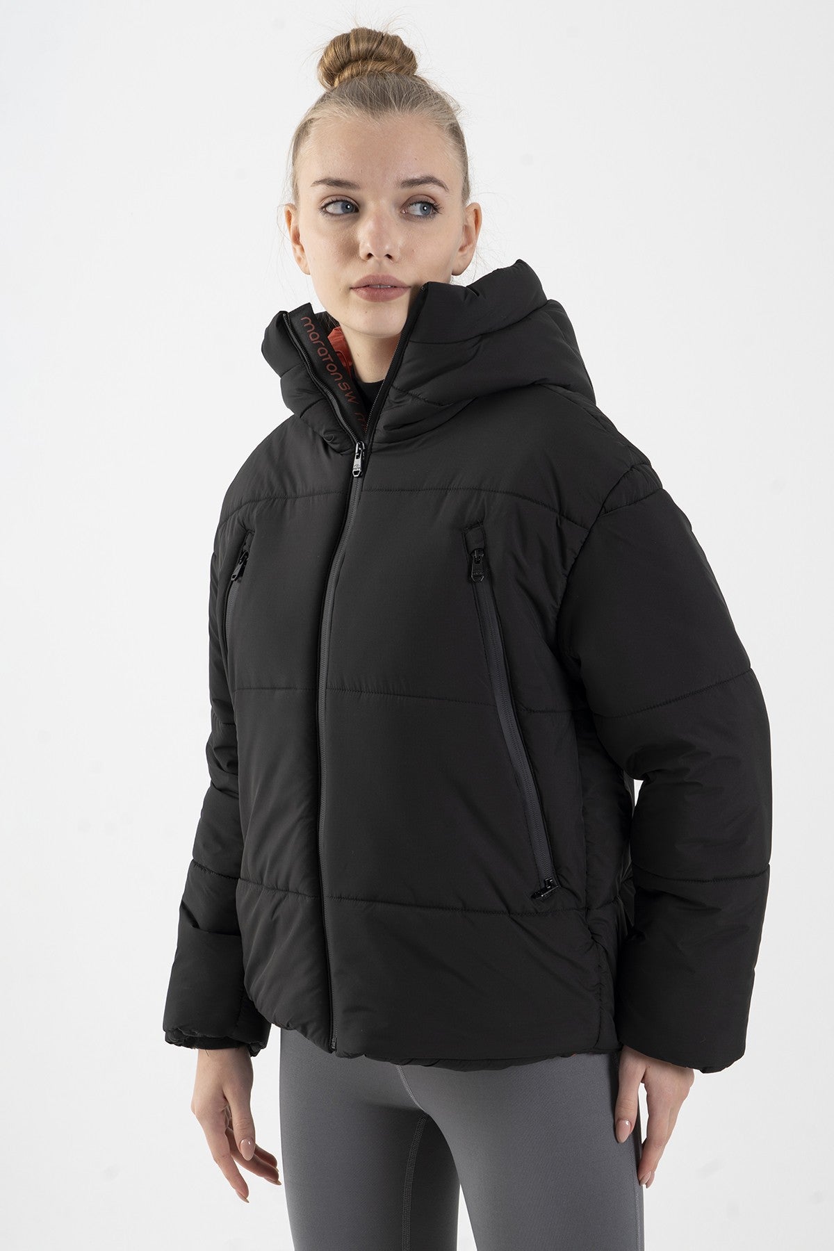 Oversize Kadın Kapüşonlu Siyah Mont