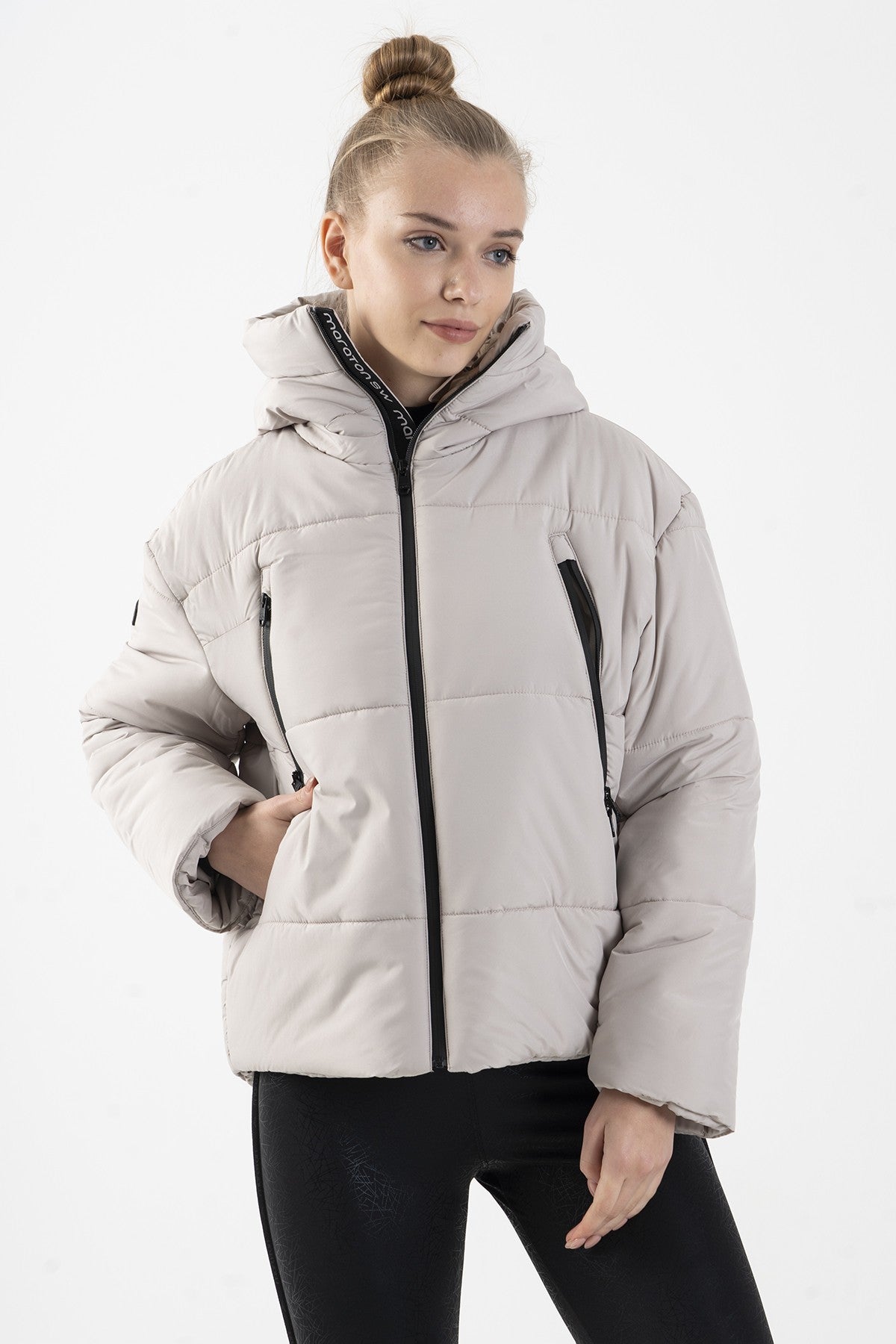 Oversize Kadın Kapüşonlu Taş Mont