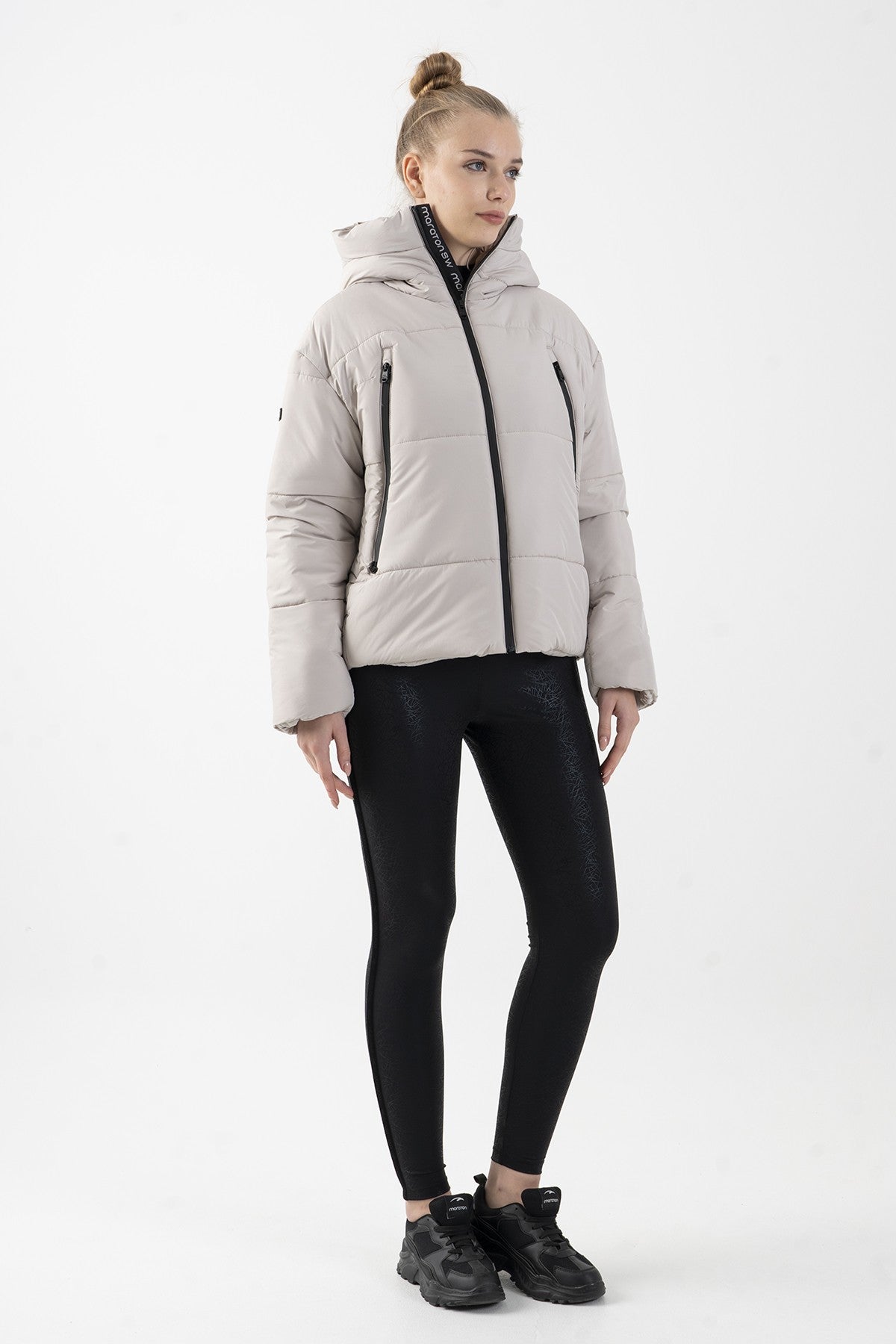 Oversize Kadın Kapüşonlu Taş Mont