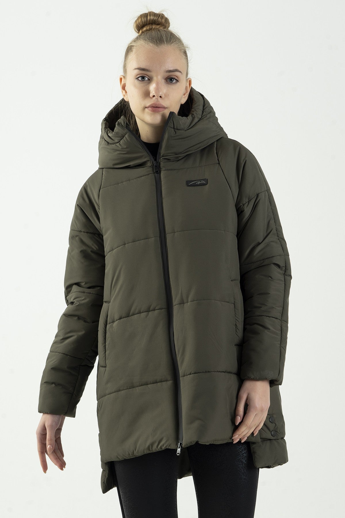 Oversize Kadın Kapüşonlu Haki Mont