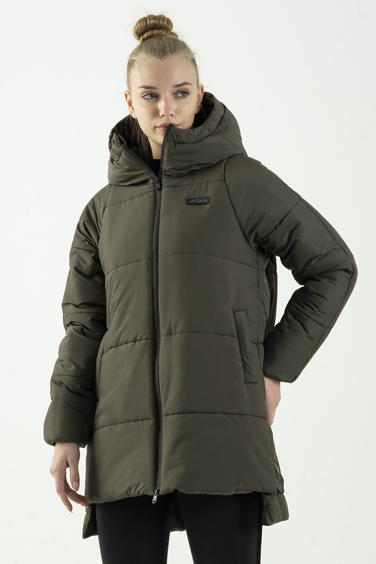 Oversize Kadın Kapüşonlu Haki Mont
