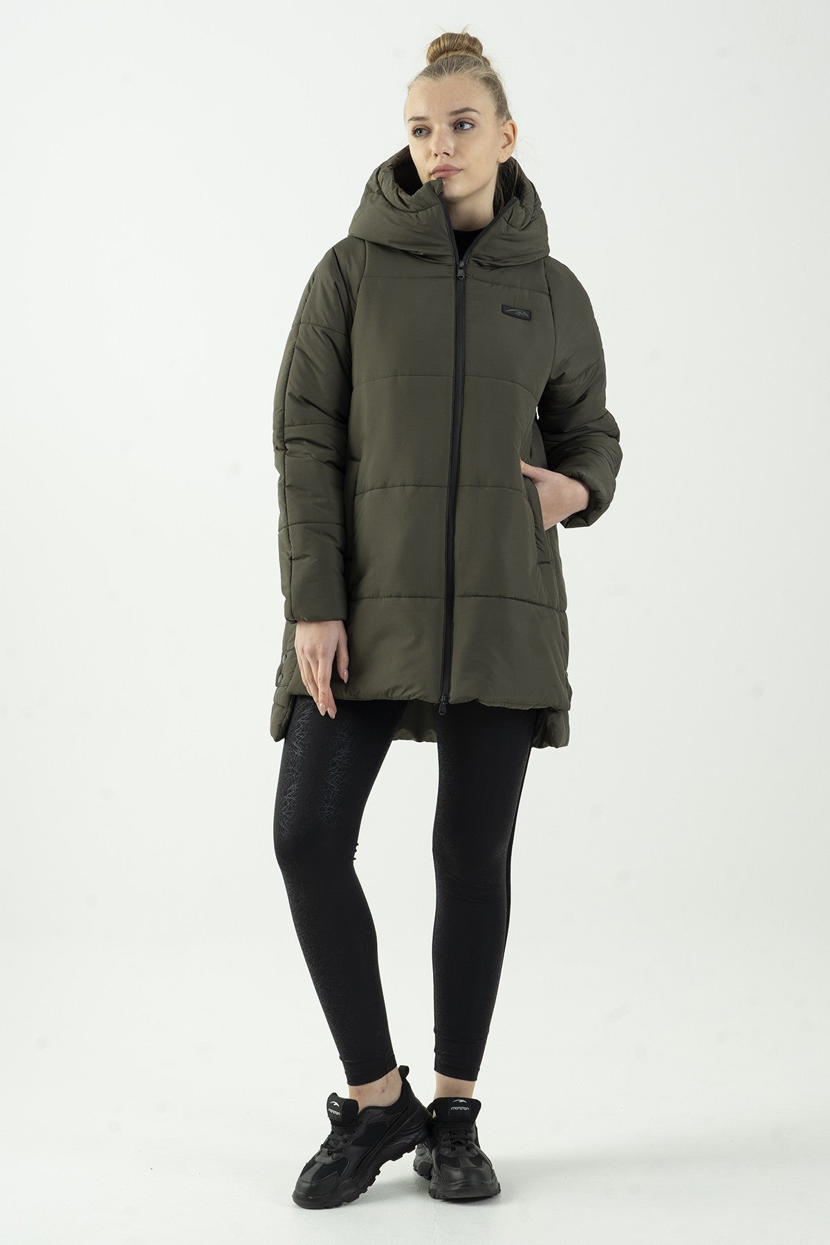 Oversize Kadın Kapüşonlu Haki Mont