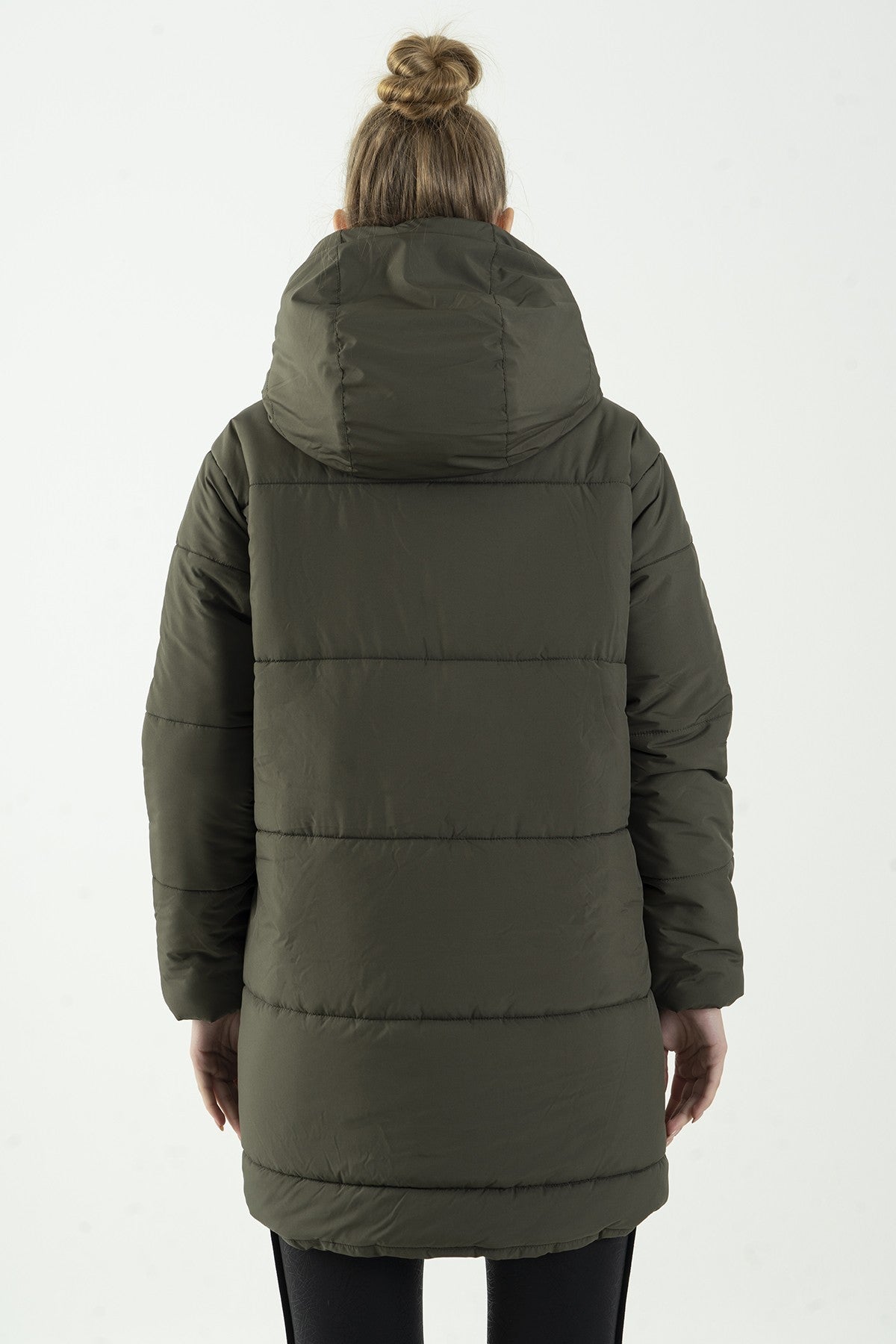 Oversize Kadın Kapüşonlu Haki Mont