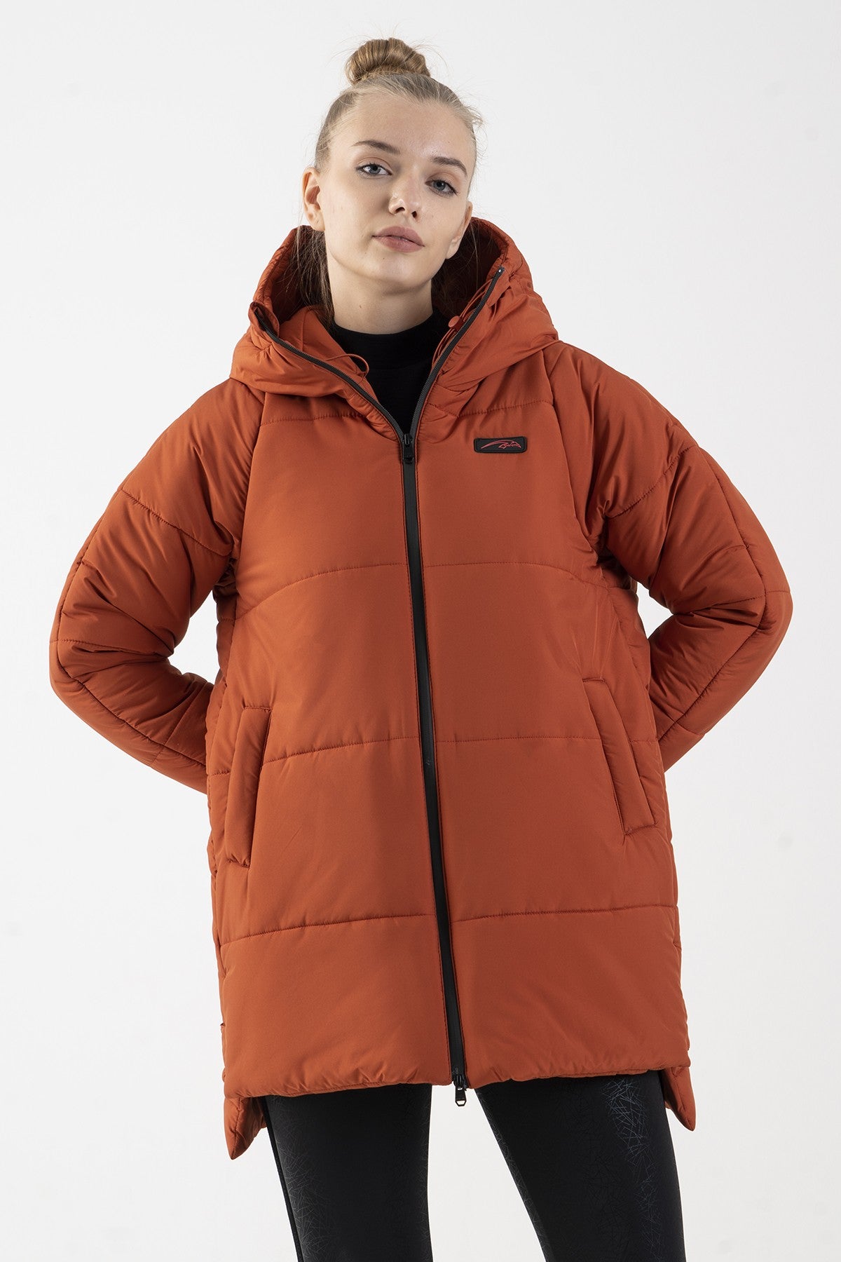 Oversize Kadın Kapüşonlu Kiremit Mont