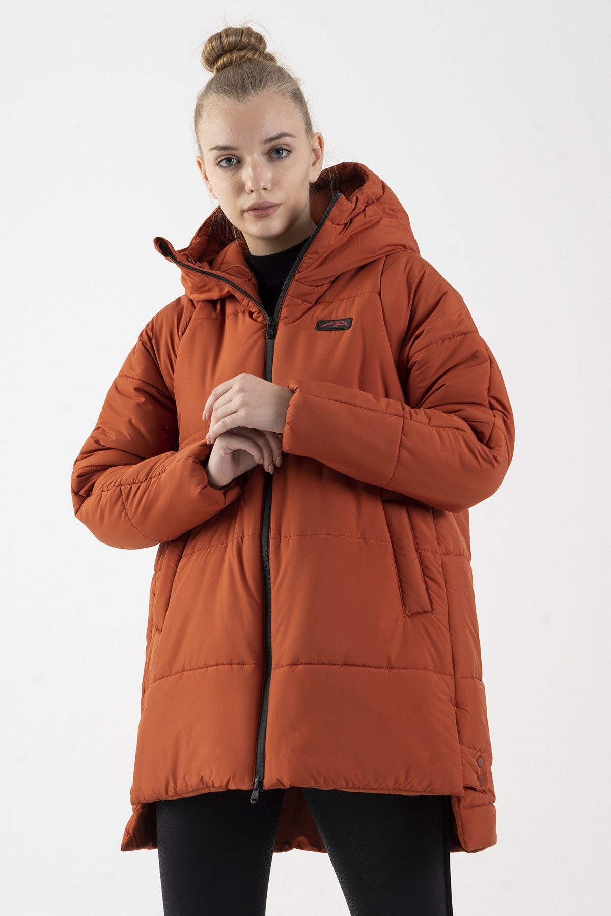 Oversize Kadın Kapüşonlu Kiremit Mont