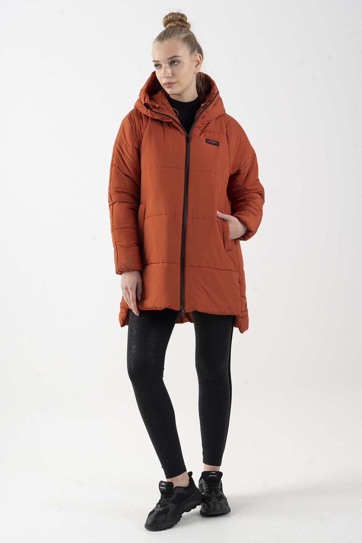 Oversize Kadın Kapüşonlu Kiremit Mont