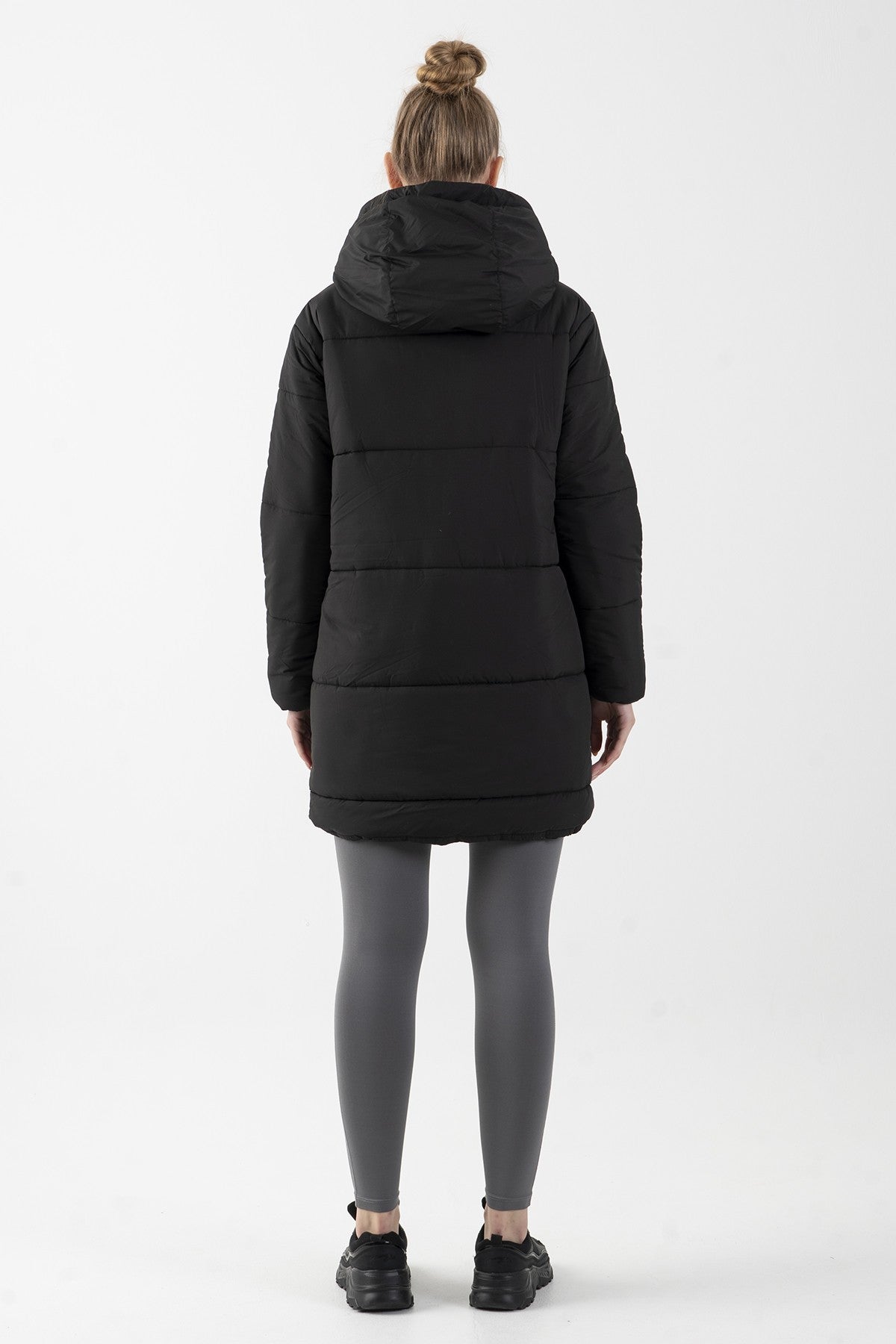 Oversize Kadın Kapüşonlu Siyah Mont