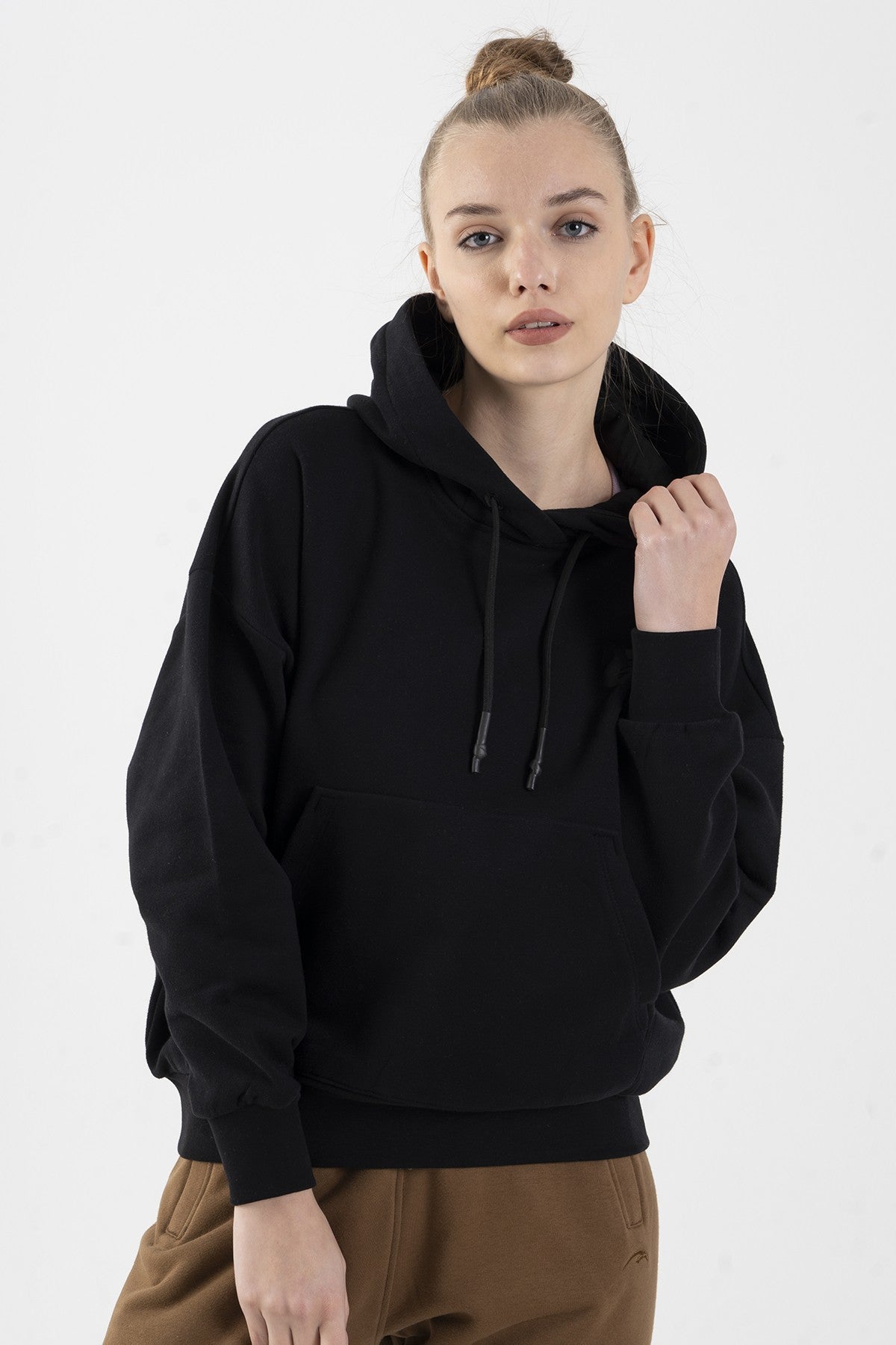 Oversize Kadın Kapüşonlu Siyah Sweatshirt