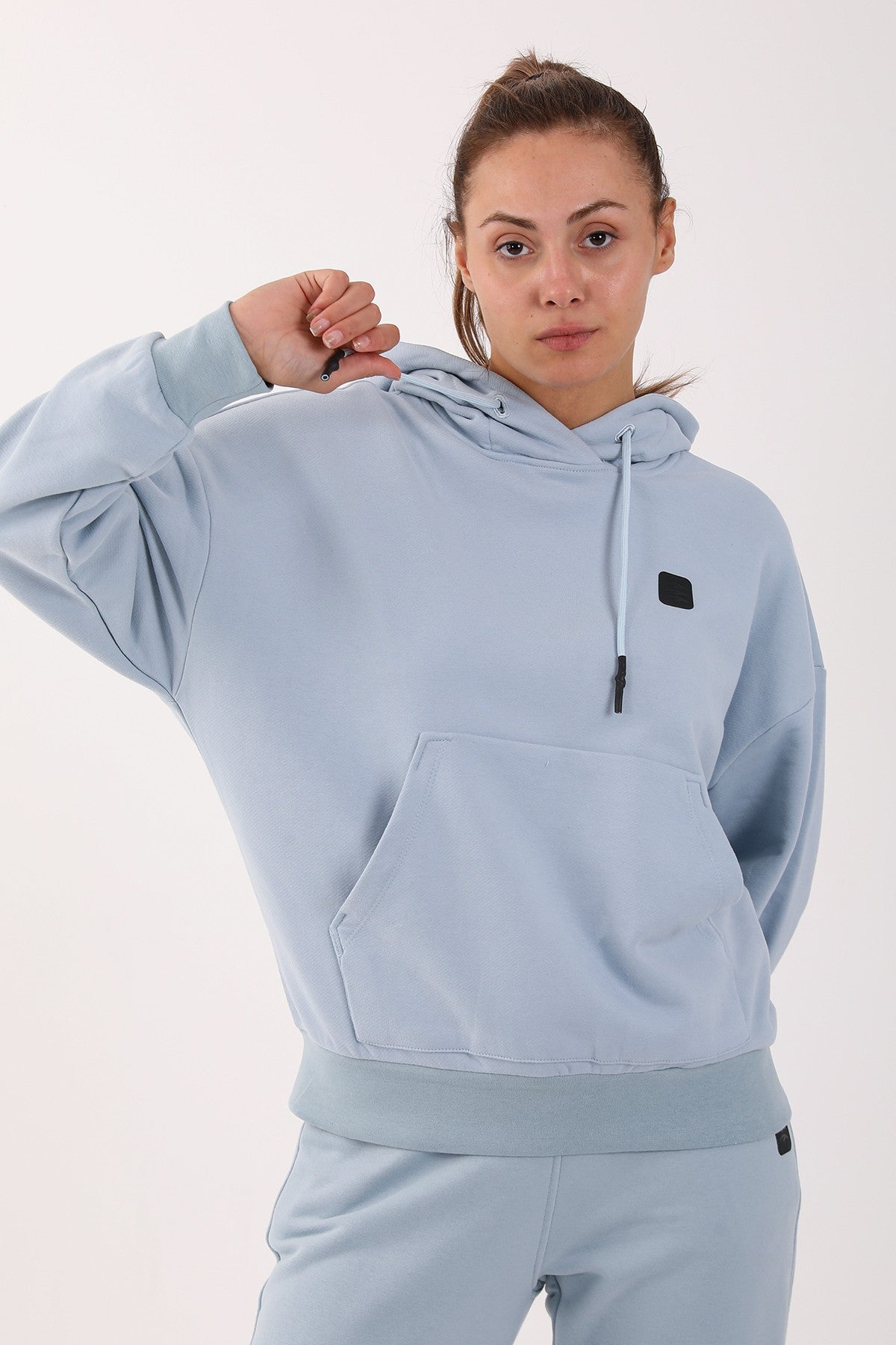 Oversize Kadın Kapüşonlu Açık Mavi Sweatshirt