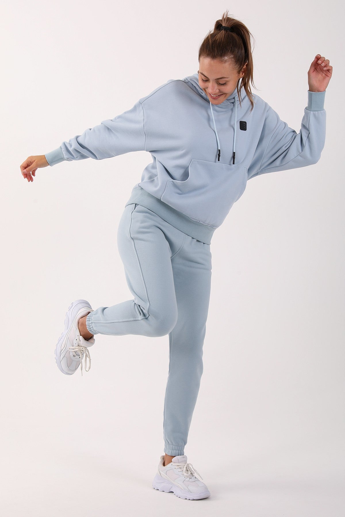 Oversize Kadın Kapüşonlu Açık Mavi Sweatshirt