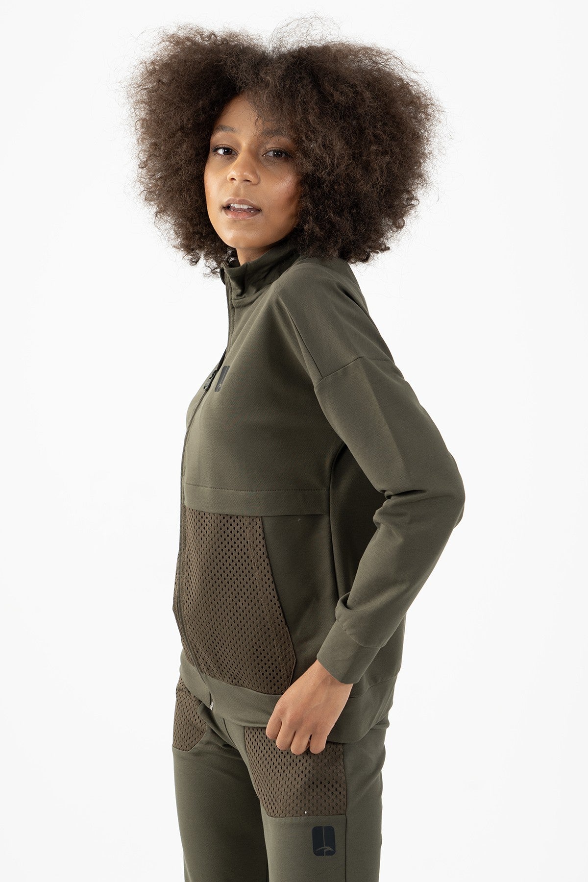 Comfort Kadın Dik Yaka Haki Tracktop