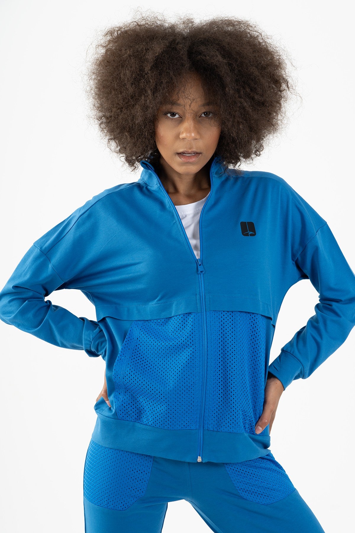 Comfort Kadın Dik Yaka Saks Mavi Tracktop