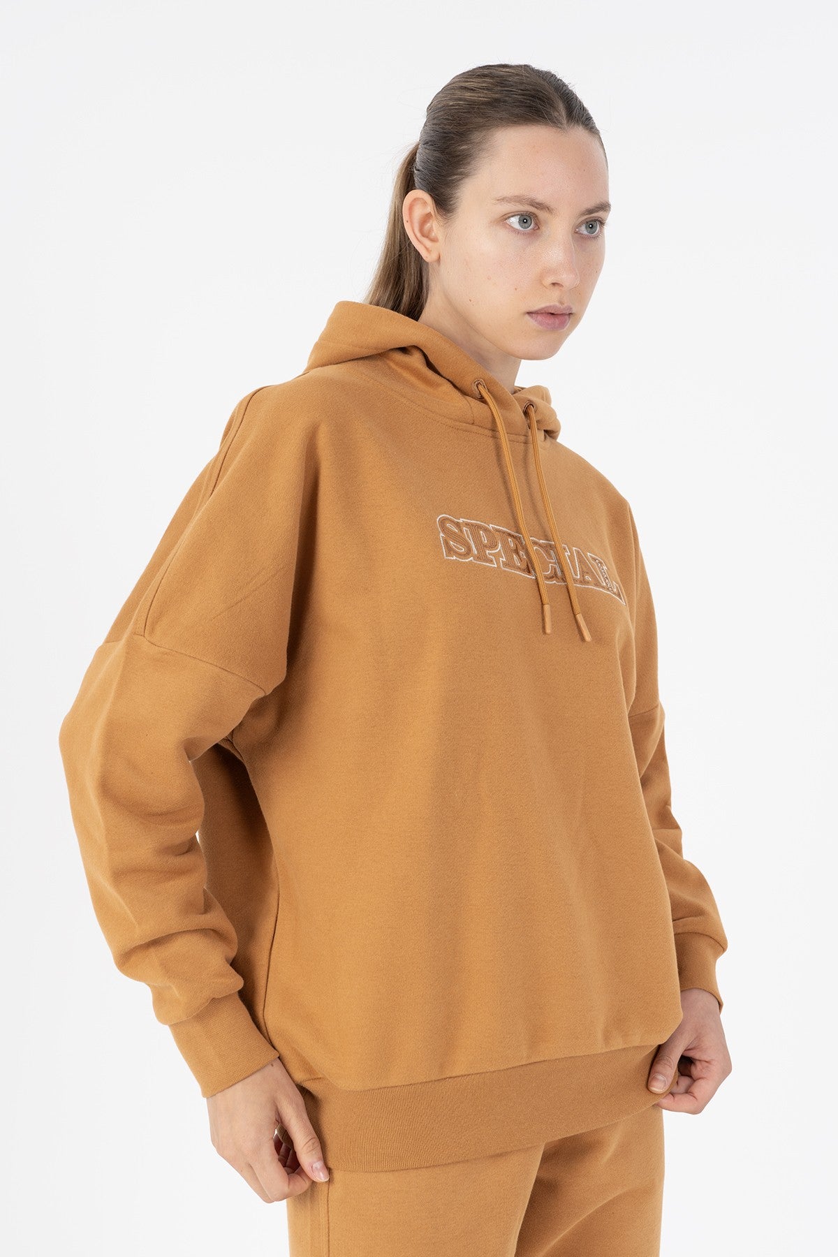 Oversize Kadın Kapüşonlu Karamel Sweatshirt