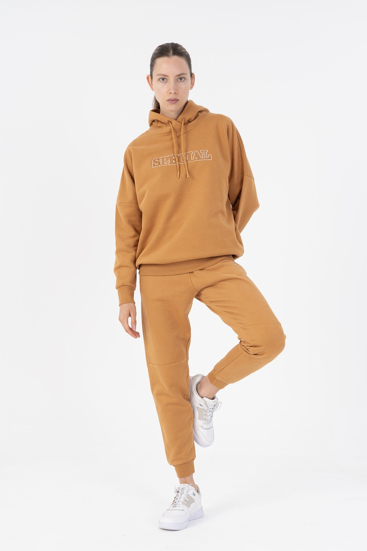 Oversize Kadın Kapüşonlu Karamel Sweatshirt