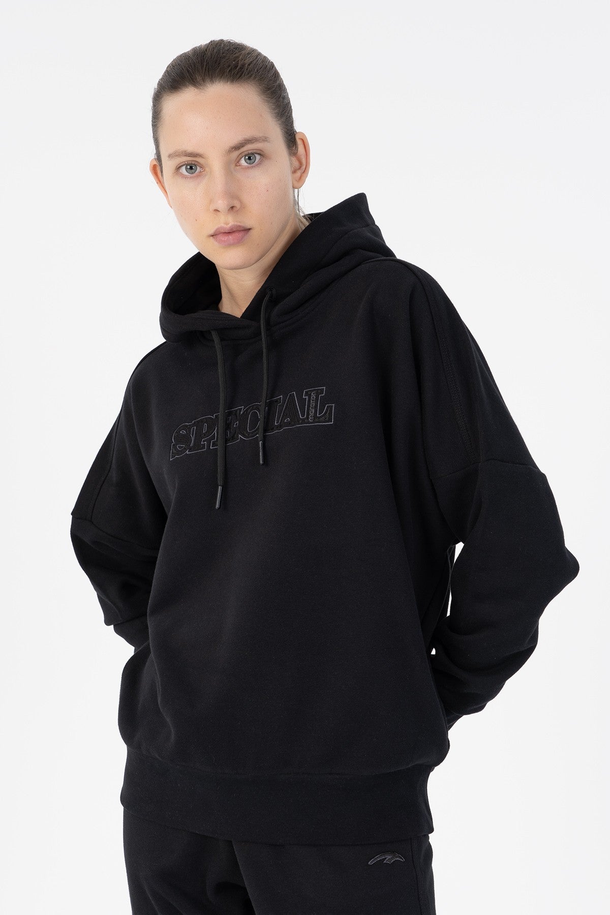 Oversize Kadın Kapüşonlu Siyah Sweatshirt