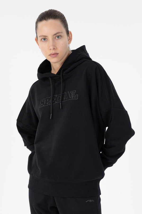 Oversize Kadın Kapüşonlu Siyah Sweatshirt