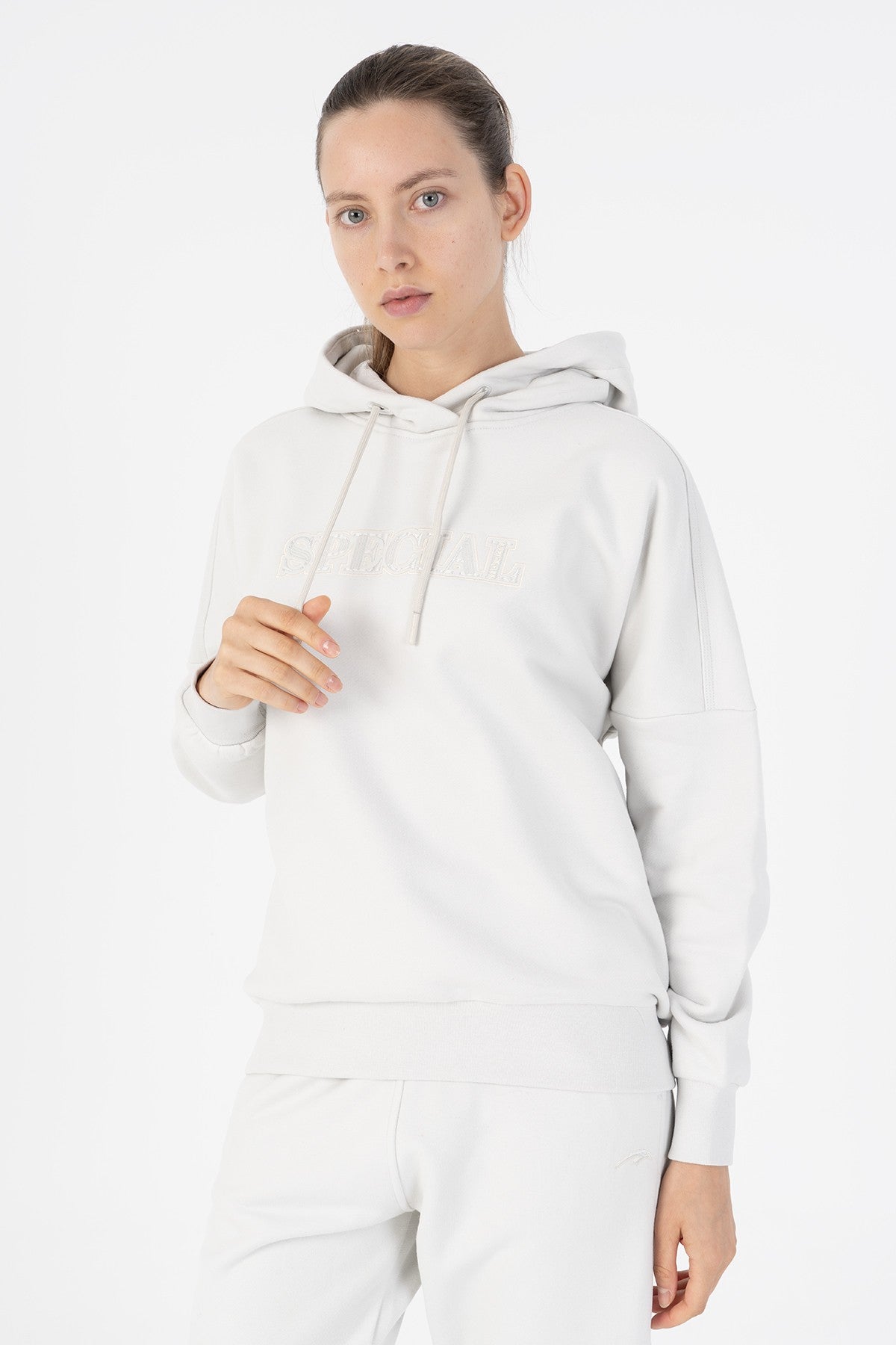 Oversize Kadın Kapüşonlu Gri Sweatshirt