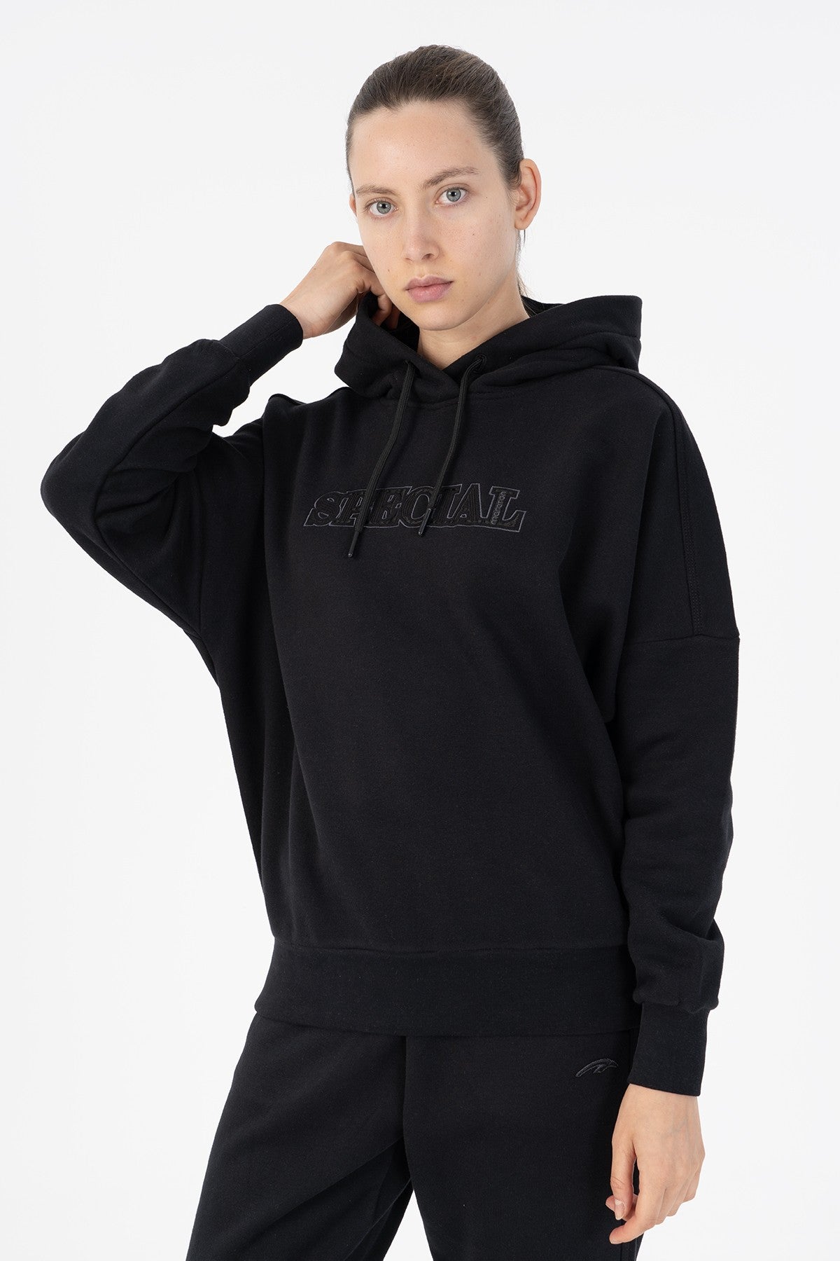 Oversize Kadın Kapüşonlu Siyah Sweatshirt