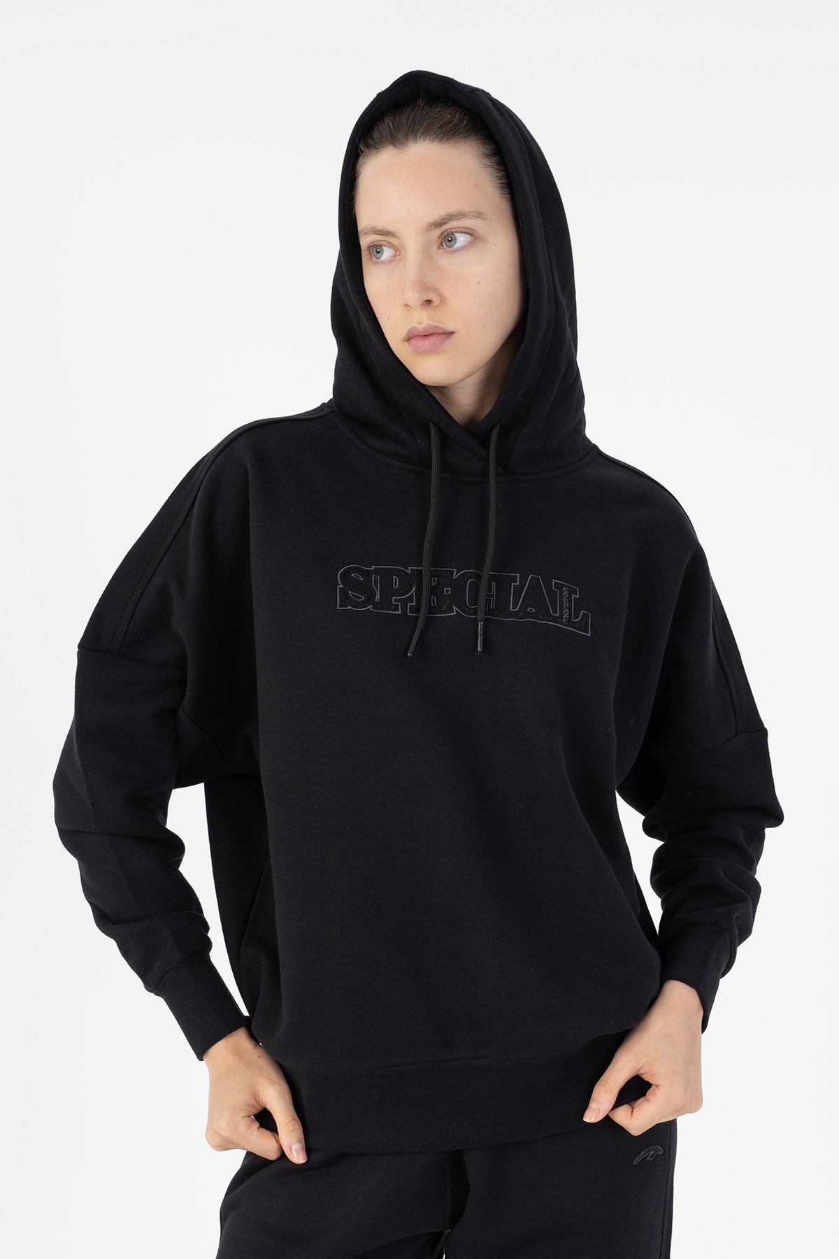Oversize Kadın Kapüşonlu Siyah Sweatshirt