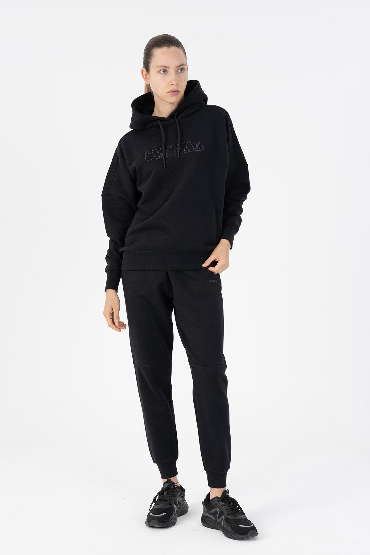 Oversize Kadın Kapüşonlu Siyah Sweatshirt