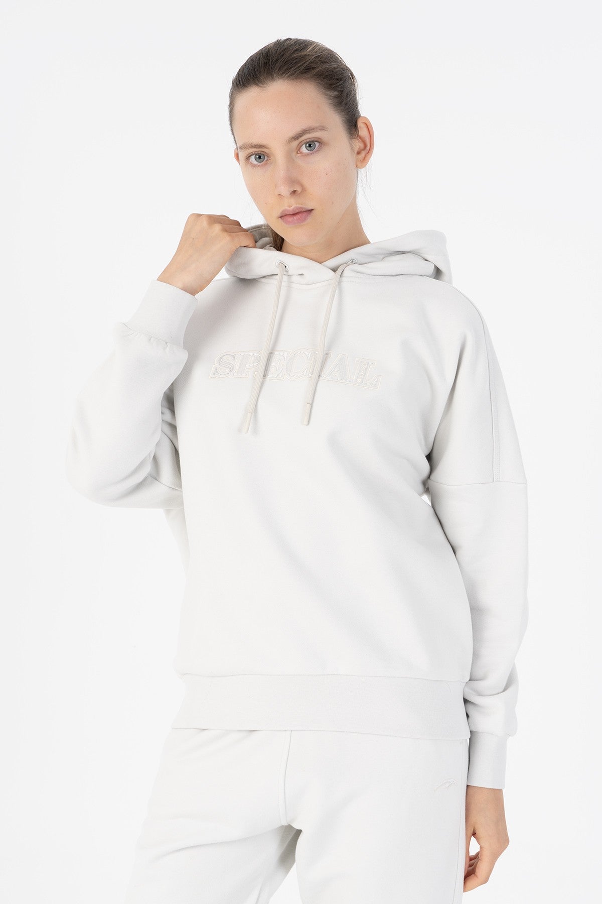 Oversize Kadın Kapüşonlu Gri Sweatshirt