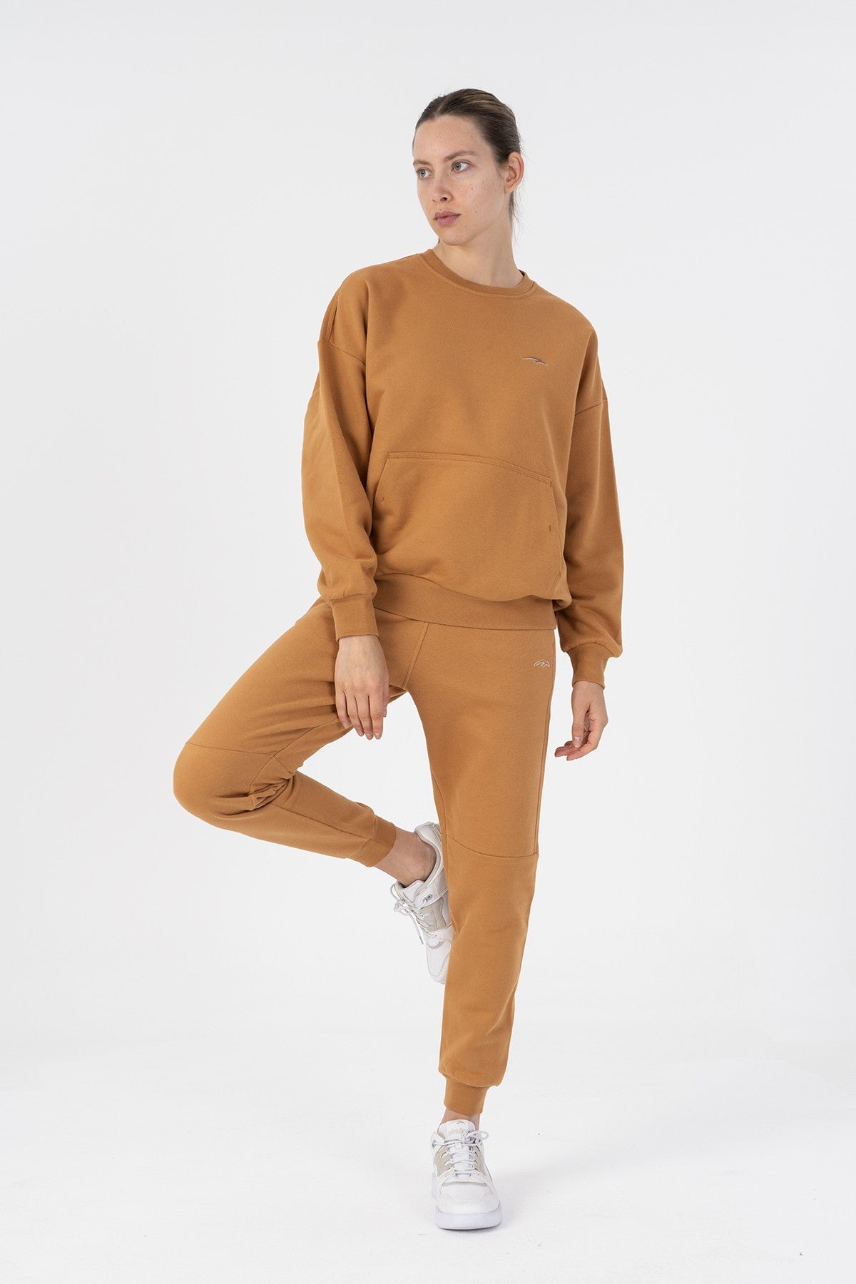 Oversize Kadın Bisiklet Yaka Karamel Sweatshirt