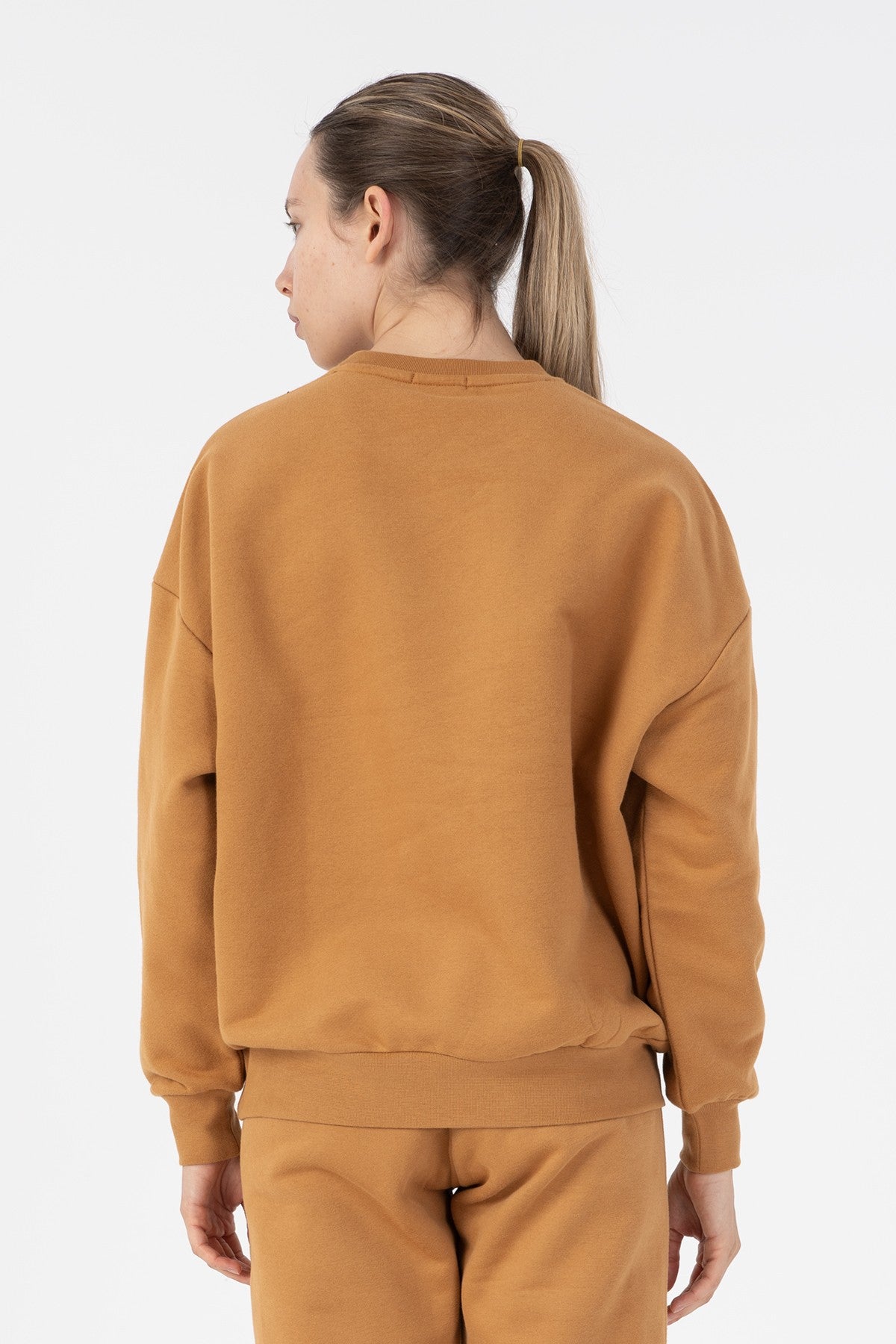 Oversize Kadın Bisiklet Yaka Karamel Sweatshirt