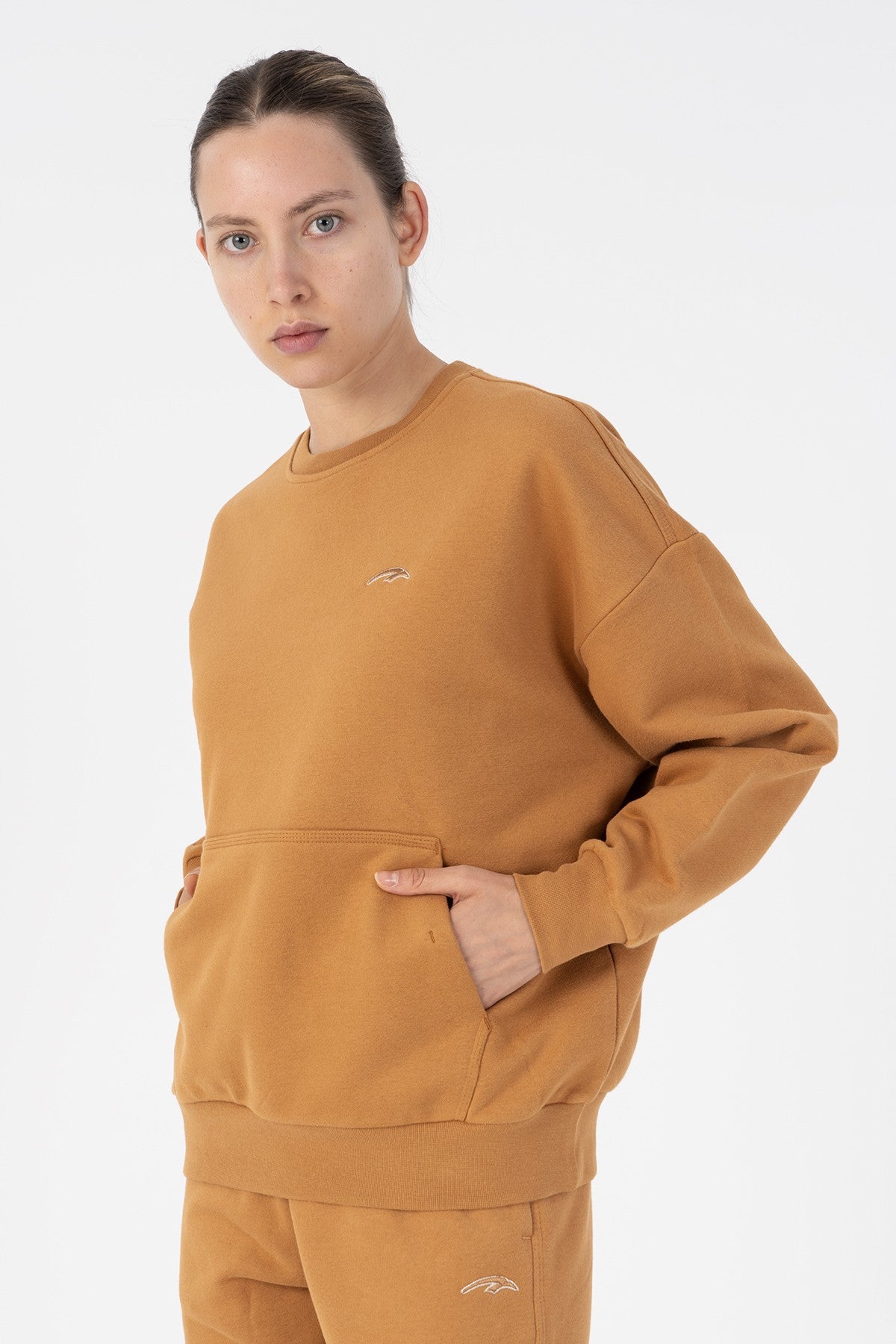Oversize Kadın Bisiklet Yaka Karamel Sweatshirt