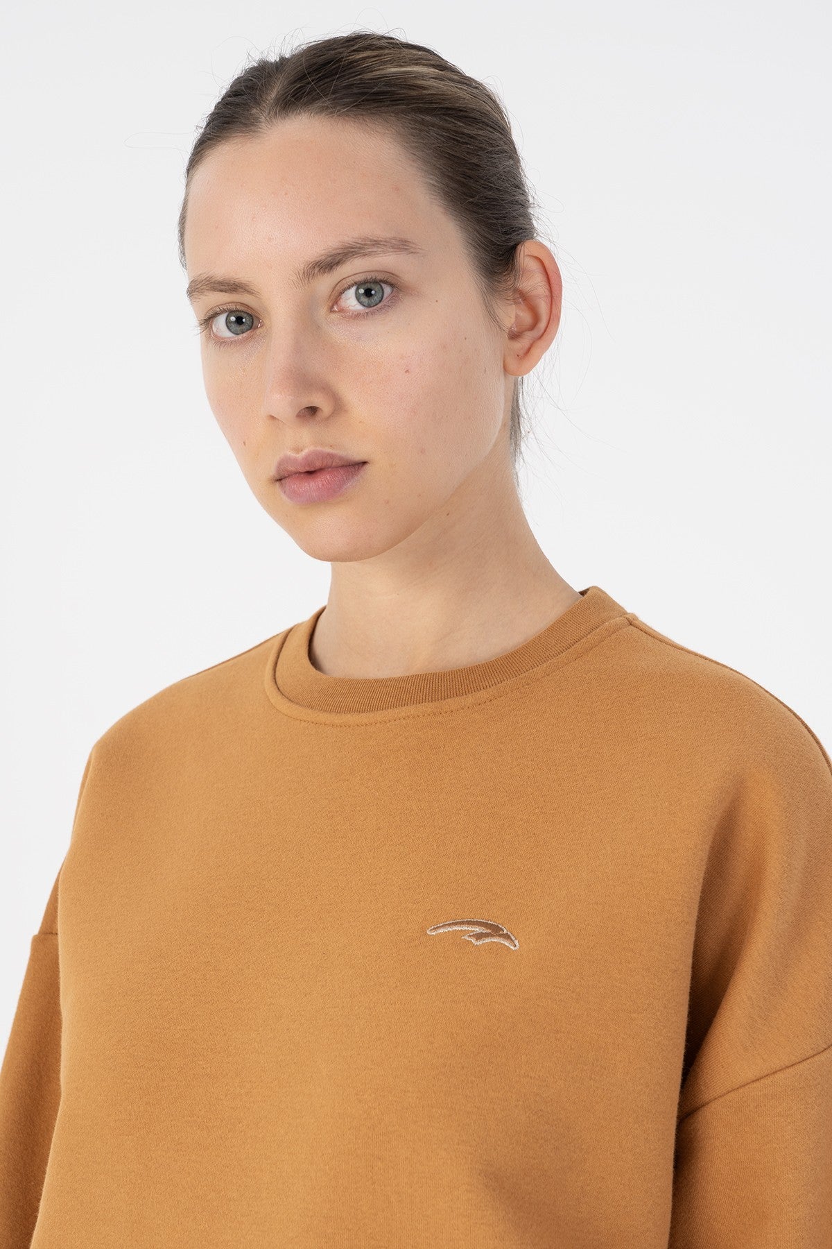 Oversize Kadın Bisiklet Yaka Karamel Sweatshirt