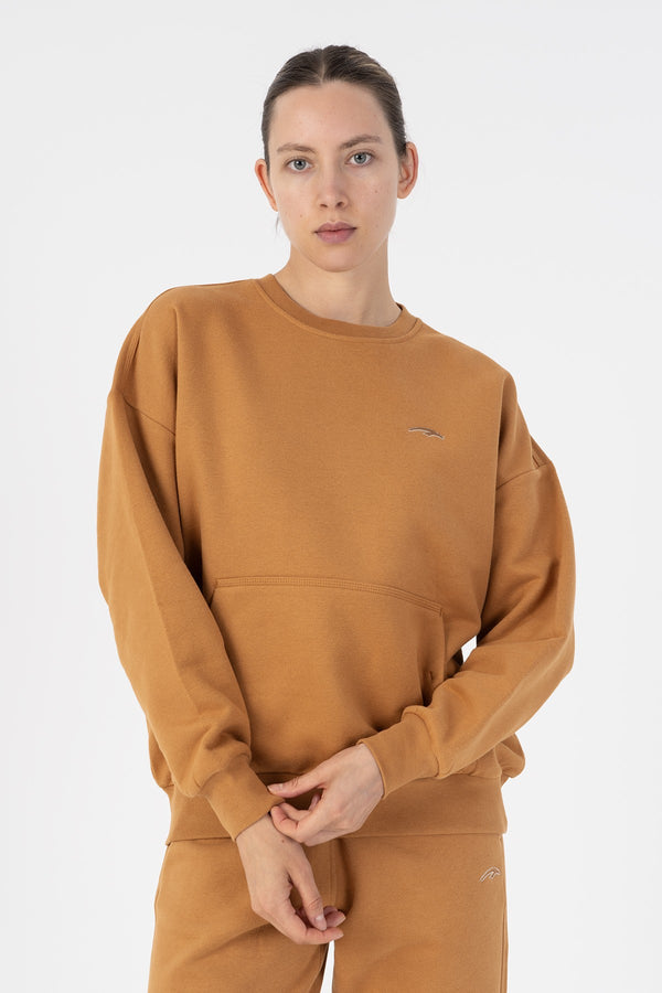 Oversize Kadın Bisiklet Yaka Karamel Sweatshirt
