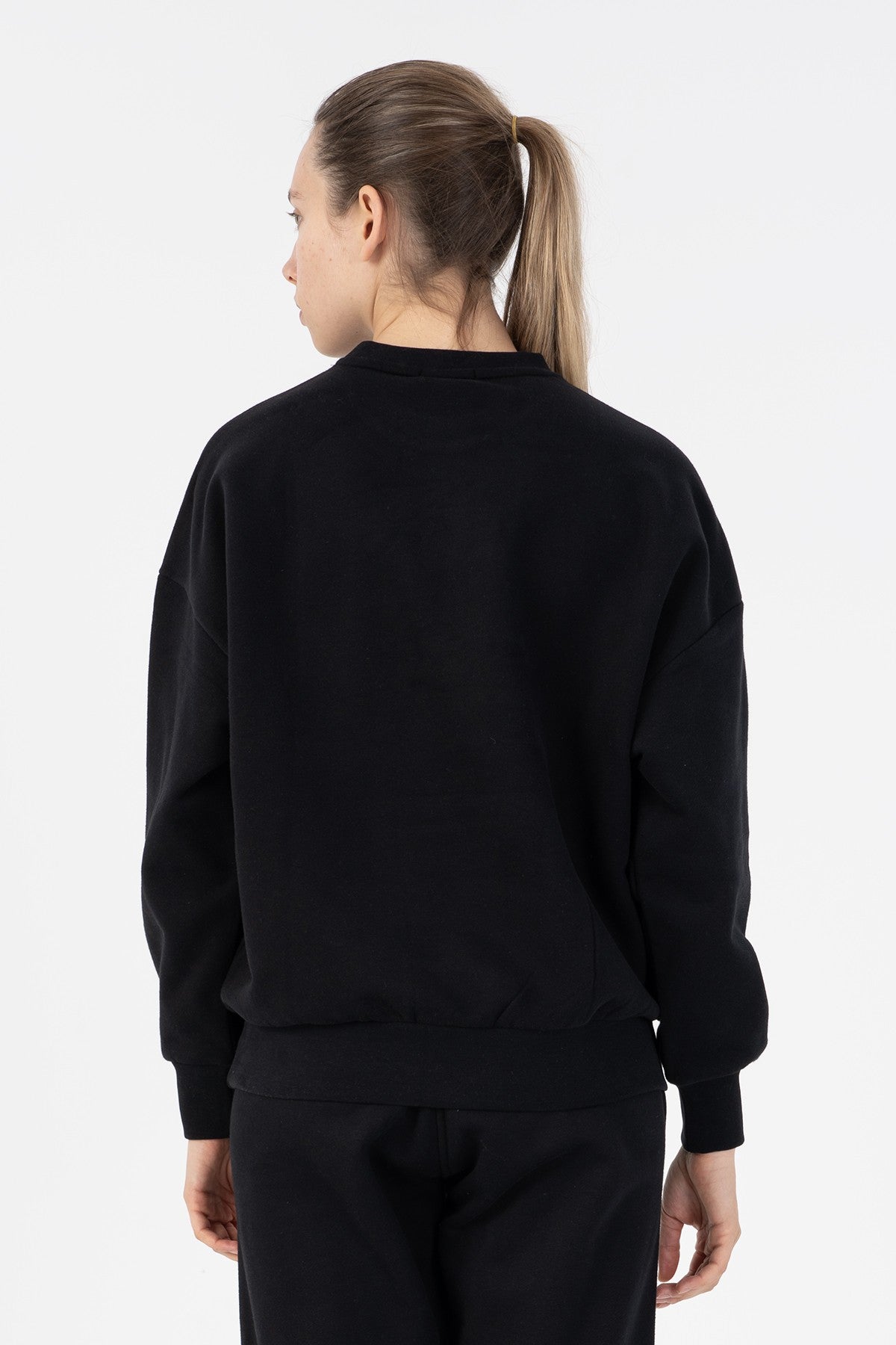 Oversize Kadın Bisiklet Yaka Siyah Sweatshirt