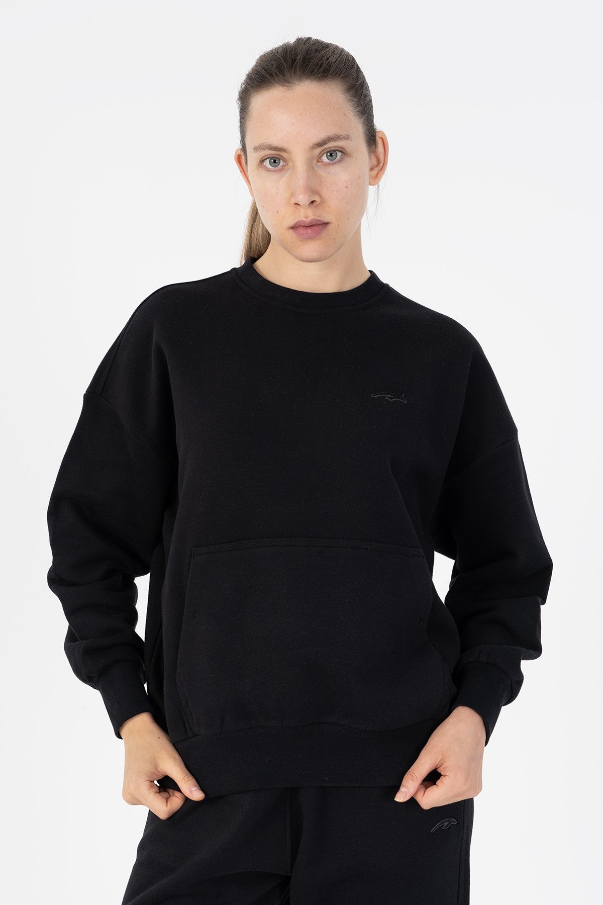 Oversize Kadın Bisiklet Yaka Siyah Sweatshirt