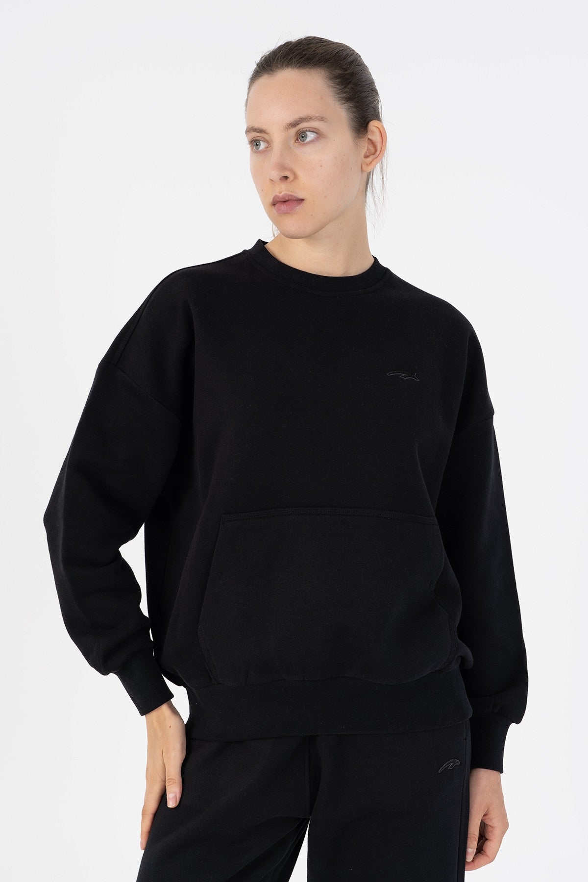 Oversize Kadın Bisiklet Yaka Siyah Sweatshirt