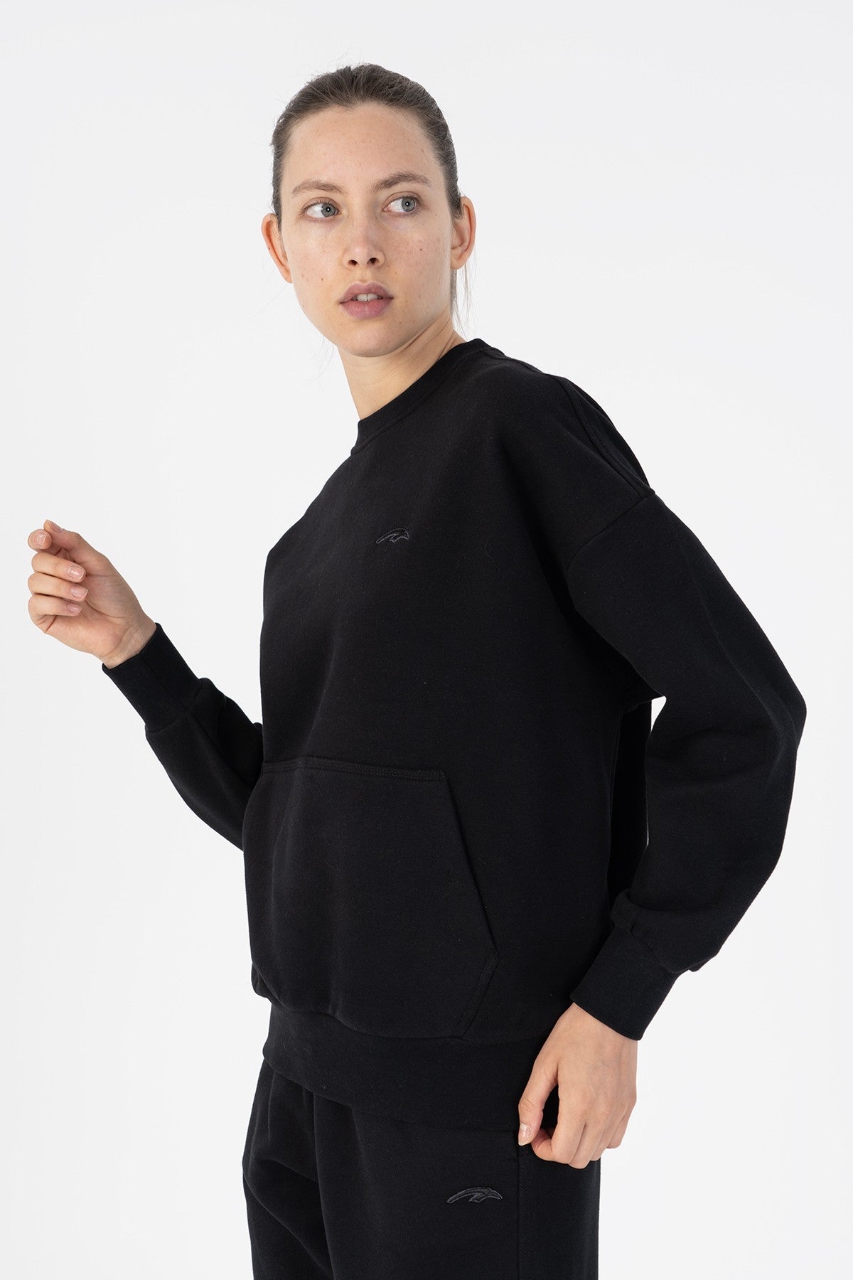 Oversize Kadın Bisiklet Yaka Siyah Sweatshirt