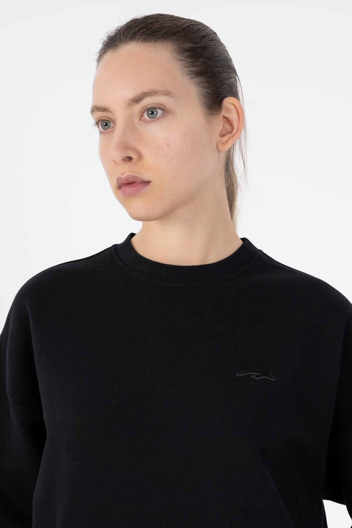 Oversize Kadın Bisiklet Yaka Siyah Sweatshirt
