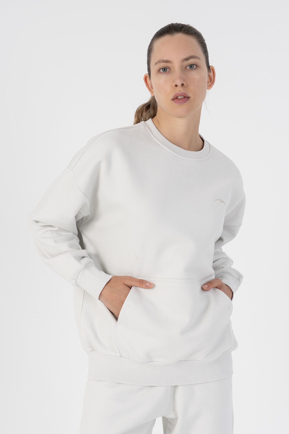 Oversize Kadın Bisiklet Yaka Gri Sweatshirt