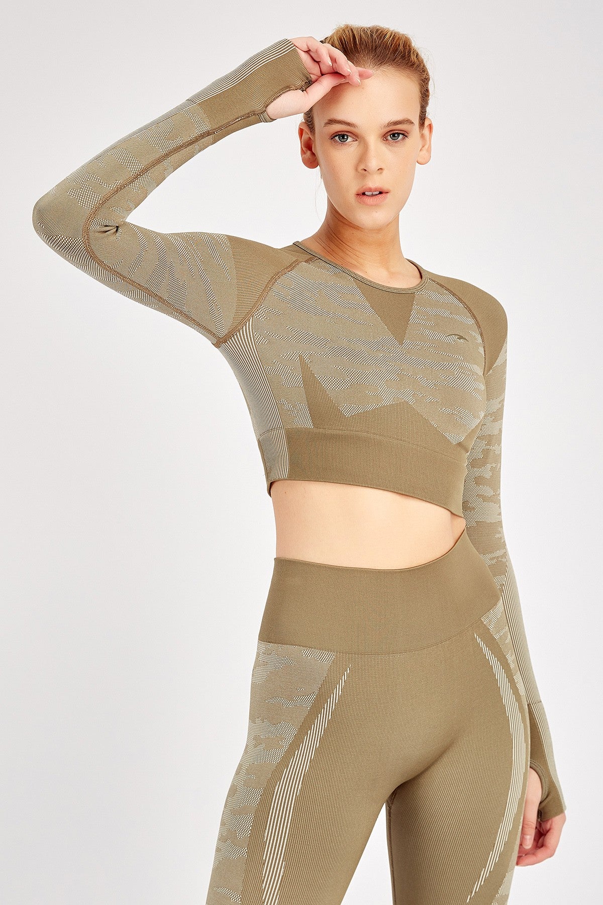 SlimFit Kadın Bisiklet Yaka Haki Crop Top