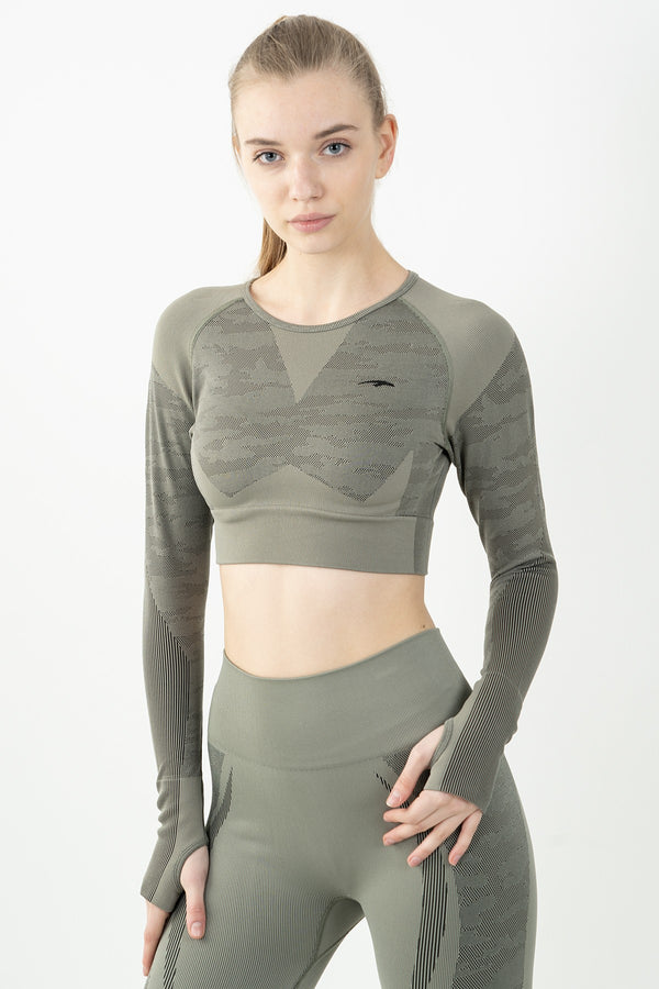 SlimFit Kadın Bisiklet Yaka Haki Crop Top