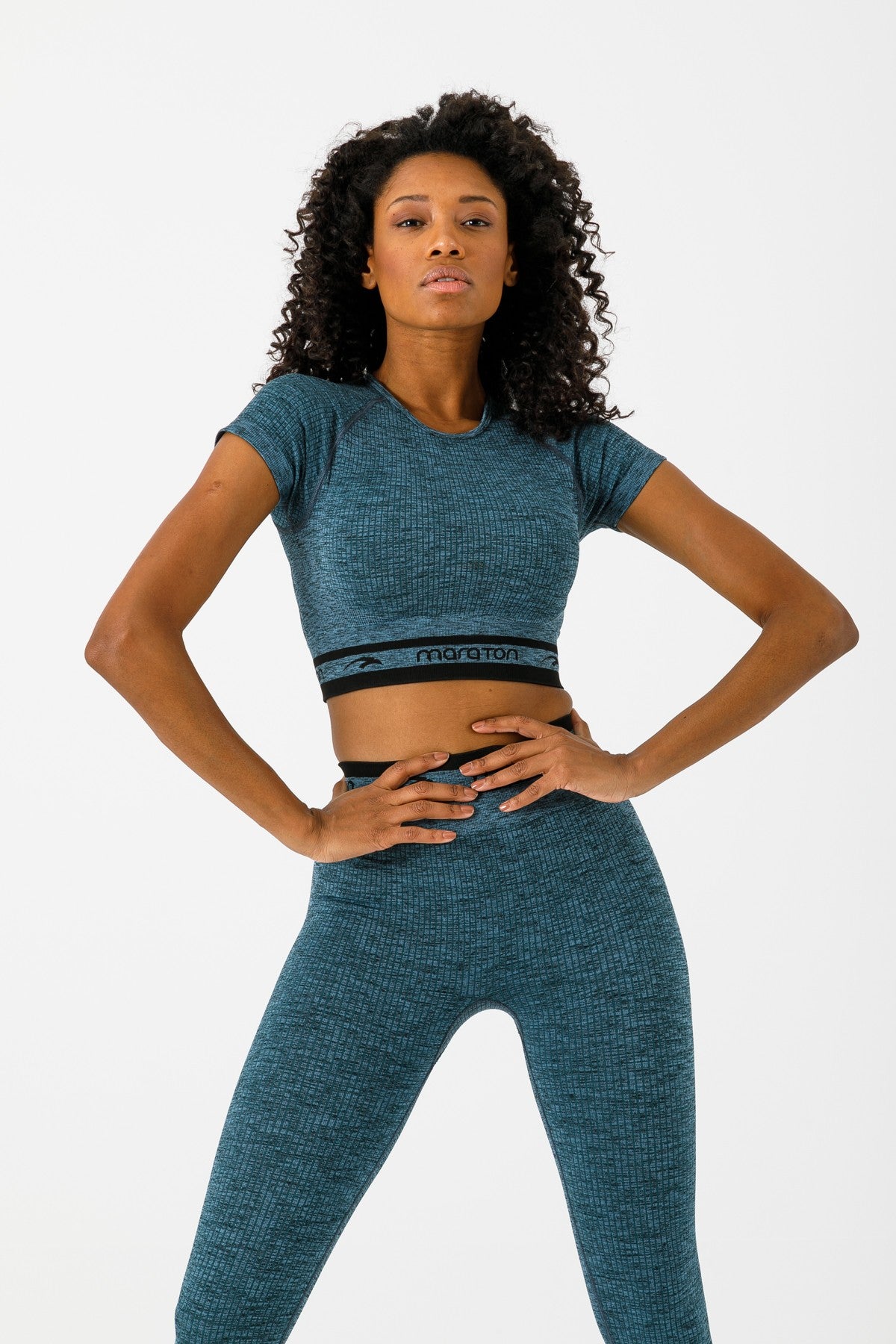 SlimFit Kadın Bisiklet Yaka Mavi Crop Top