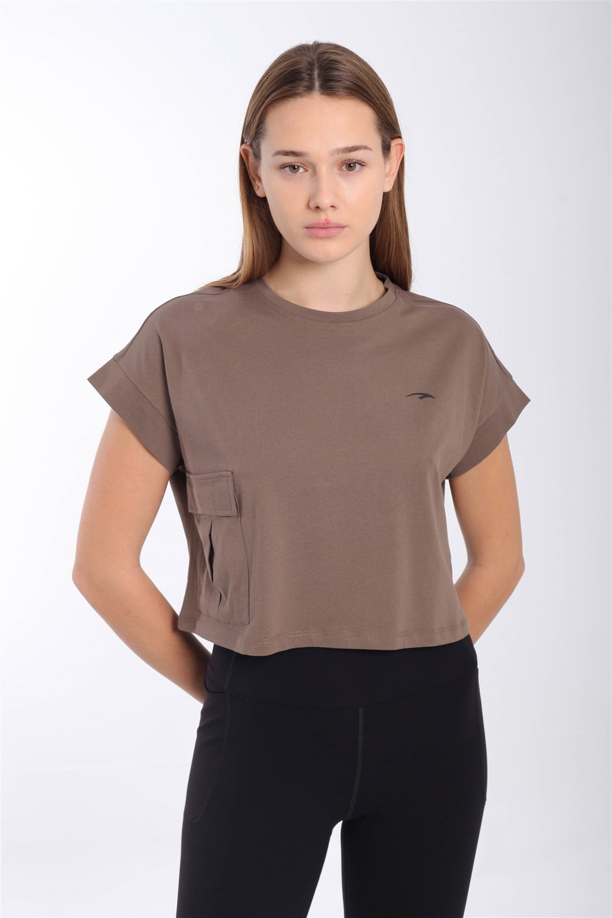 Comfort Kadın Bisiklet Yaka Kahverengi Crop Top