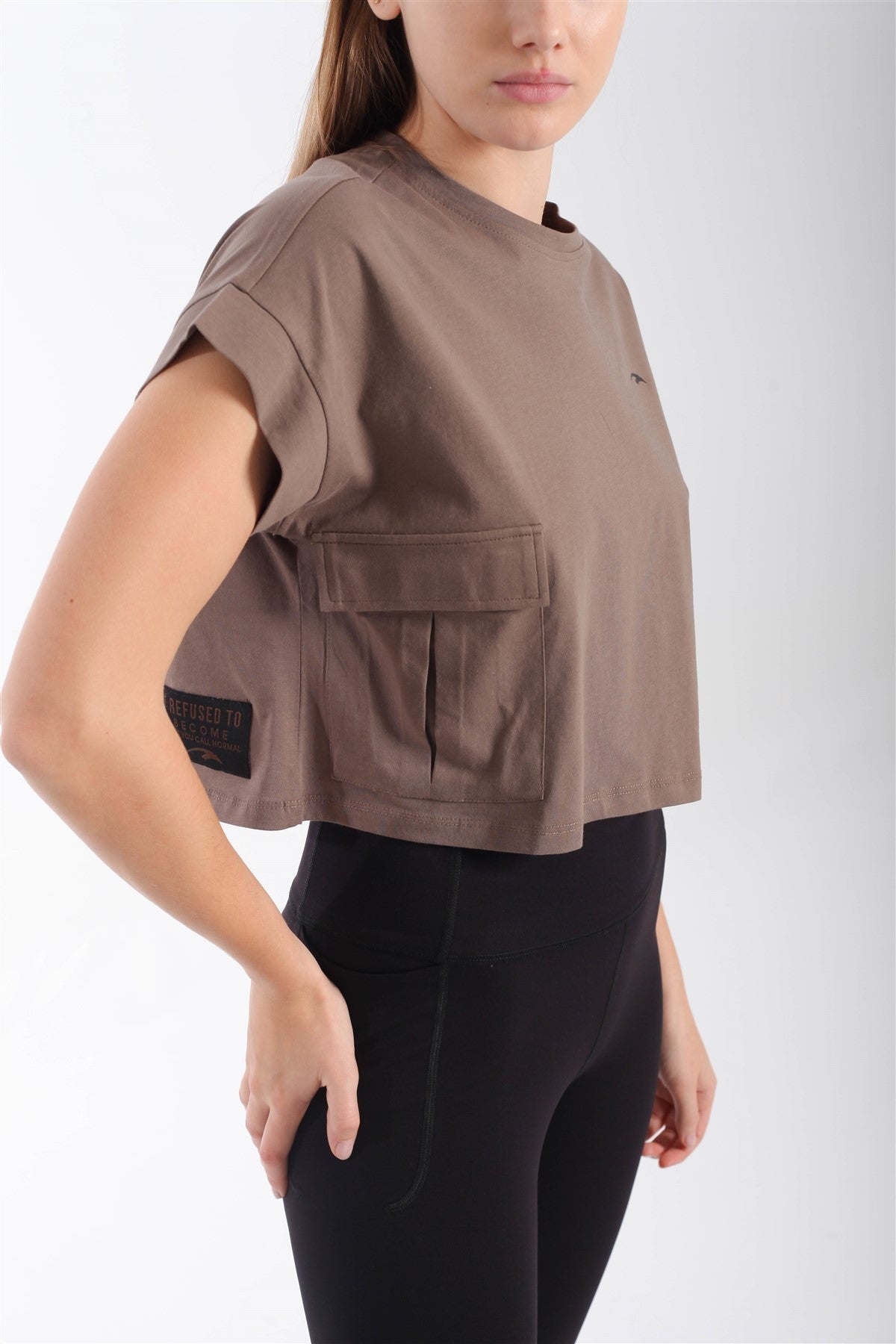 Comfort Kadın Bisiklet Yaka Kahverengi Crop Top