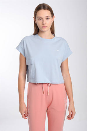 Comfort Kadın Bisiklet Yaka Açık Mavi Crop Top